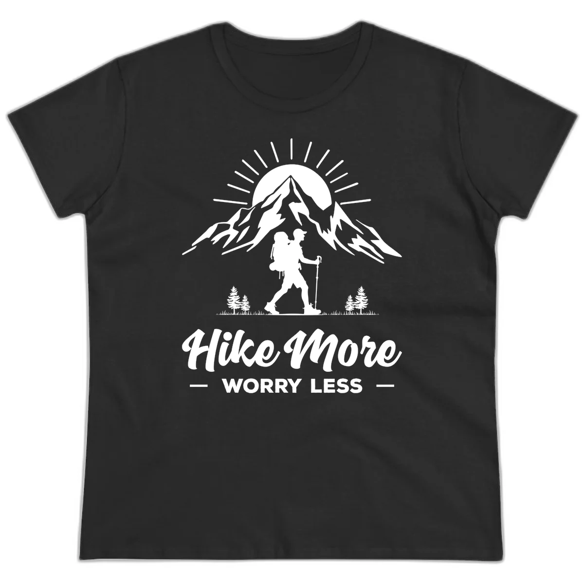 Silhouette of hiker with backpack and poles facing snow-capped mountain with radiating sun, evergreen trees below, text reads 'Hike More Worry Less' in Black