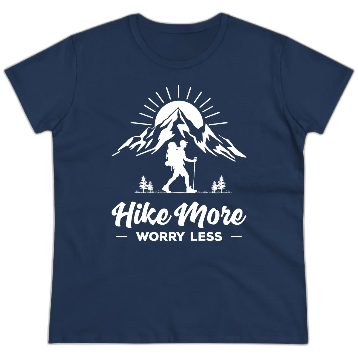 Silhouette of hiker with backpack and poles facing snow-capped mountain with radiating sun, evergreen trees below, text reads 'Hike More Worry Less' in Navy