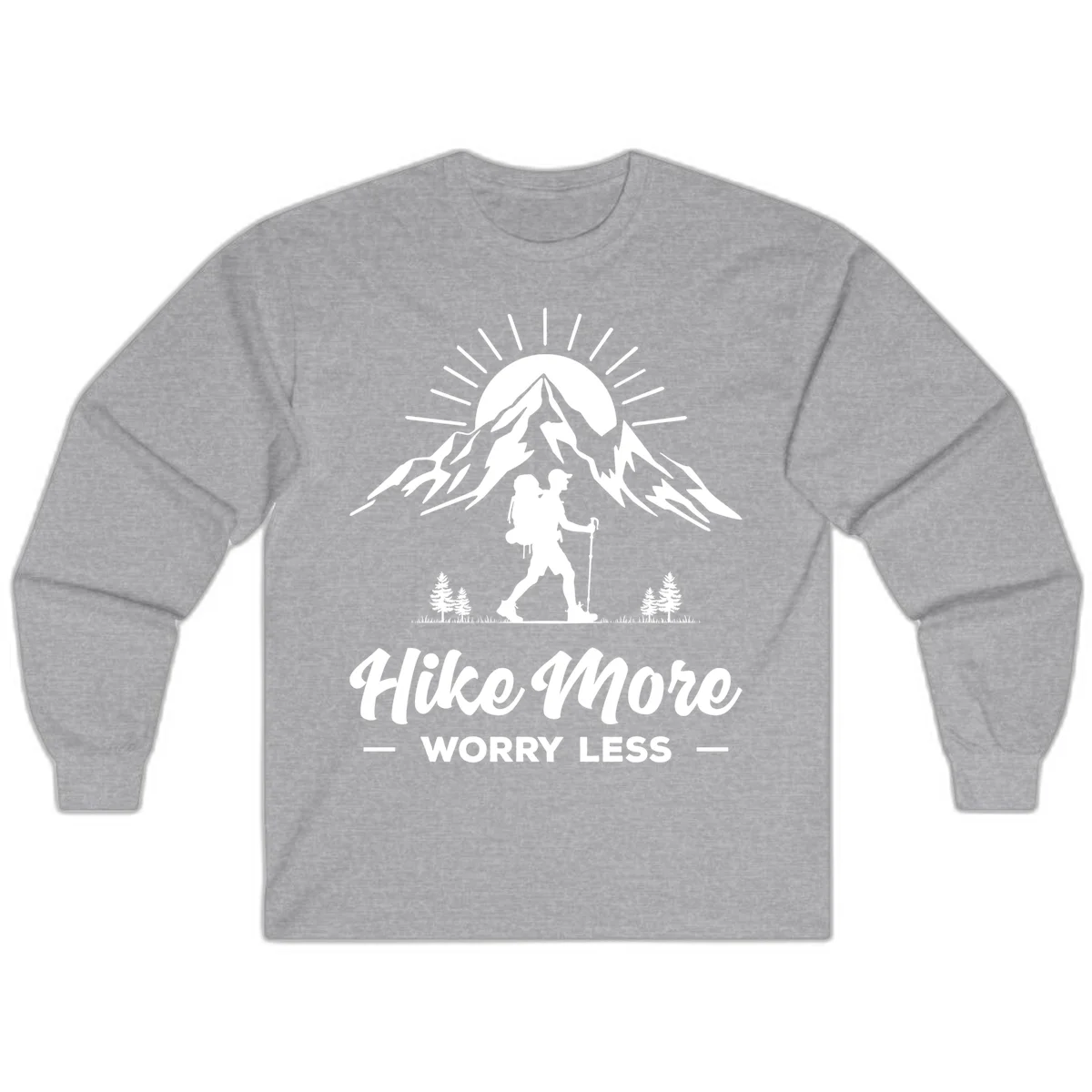 Silhouette of hiker with backpack and poles facing snow-capped mountain with radiating sun, evergreen trees below, text reads 'Hike More Worry Less' in Sport Grey