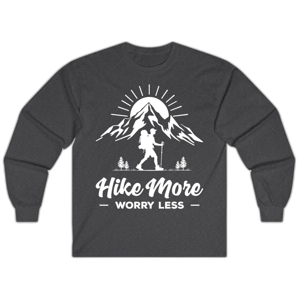 Silhouette of hiker with backpack and poles facing snow-capped mountain with radiating sun, evergreen trees below, text reads 'Hike More Worry Less' in Dark Heather