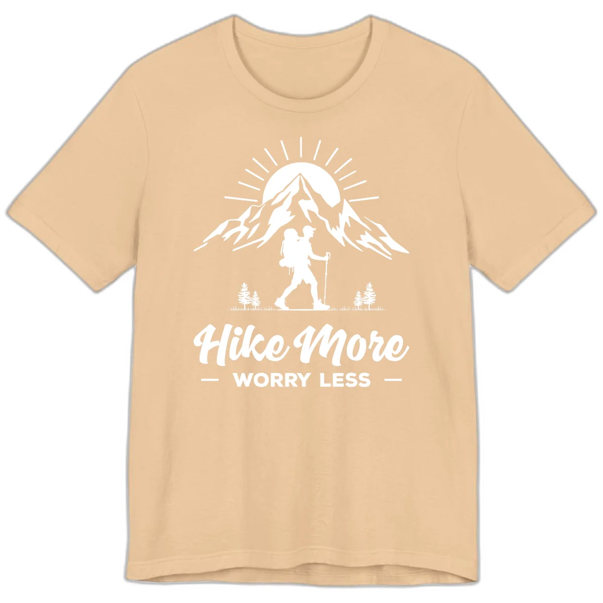 Silhouette of hiker with backpack and poles facing snow-capped mountain with radiating sun, evergreen trees below, text reads 'Hike More Worry Less' in Sand Dune