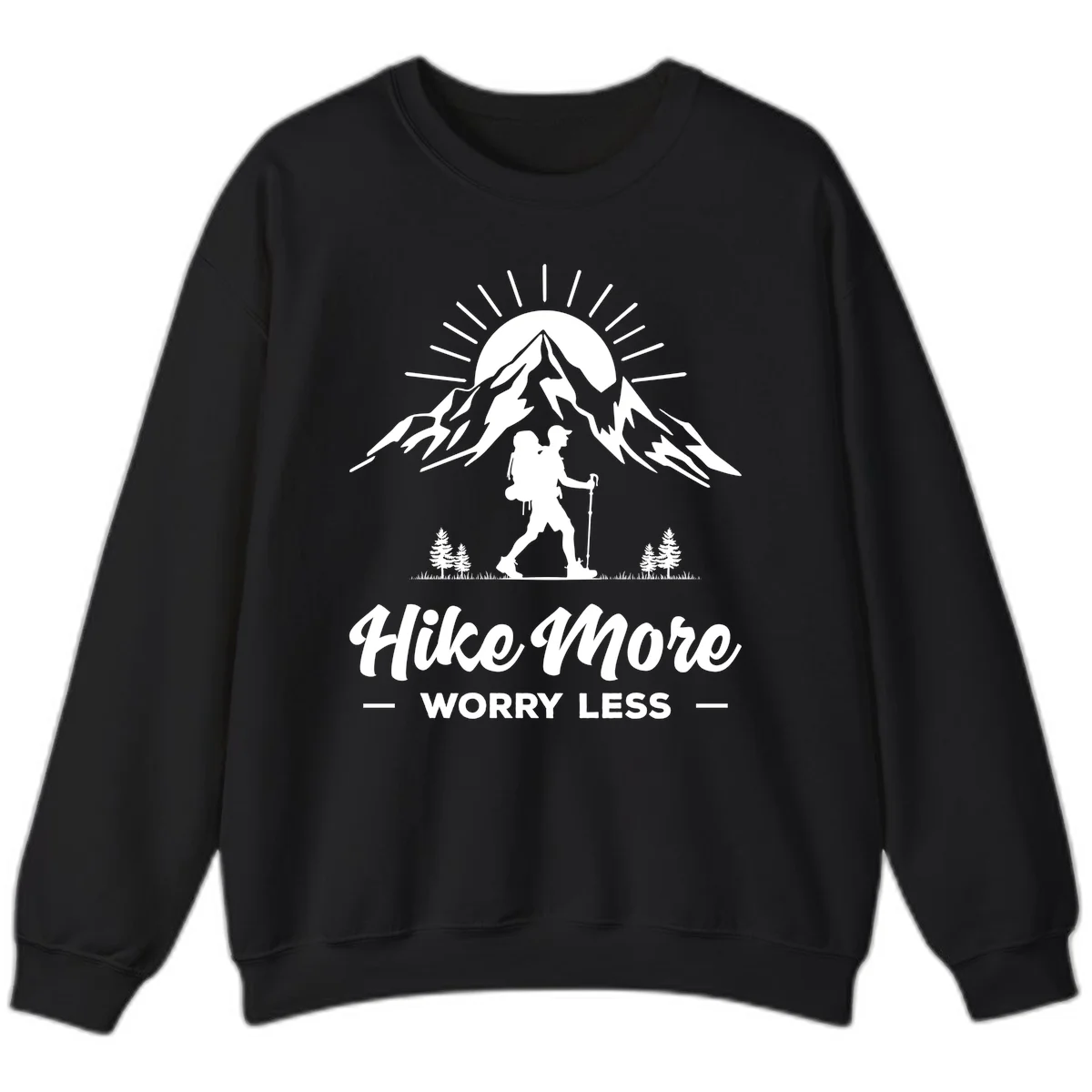 Silhouette of hiker with backpack and poles facing snow-capped mountain with radiating sun, evergreen trees below, text reads 'Hike More Worry Less' in Black