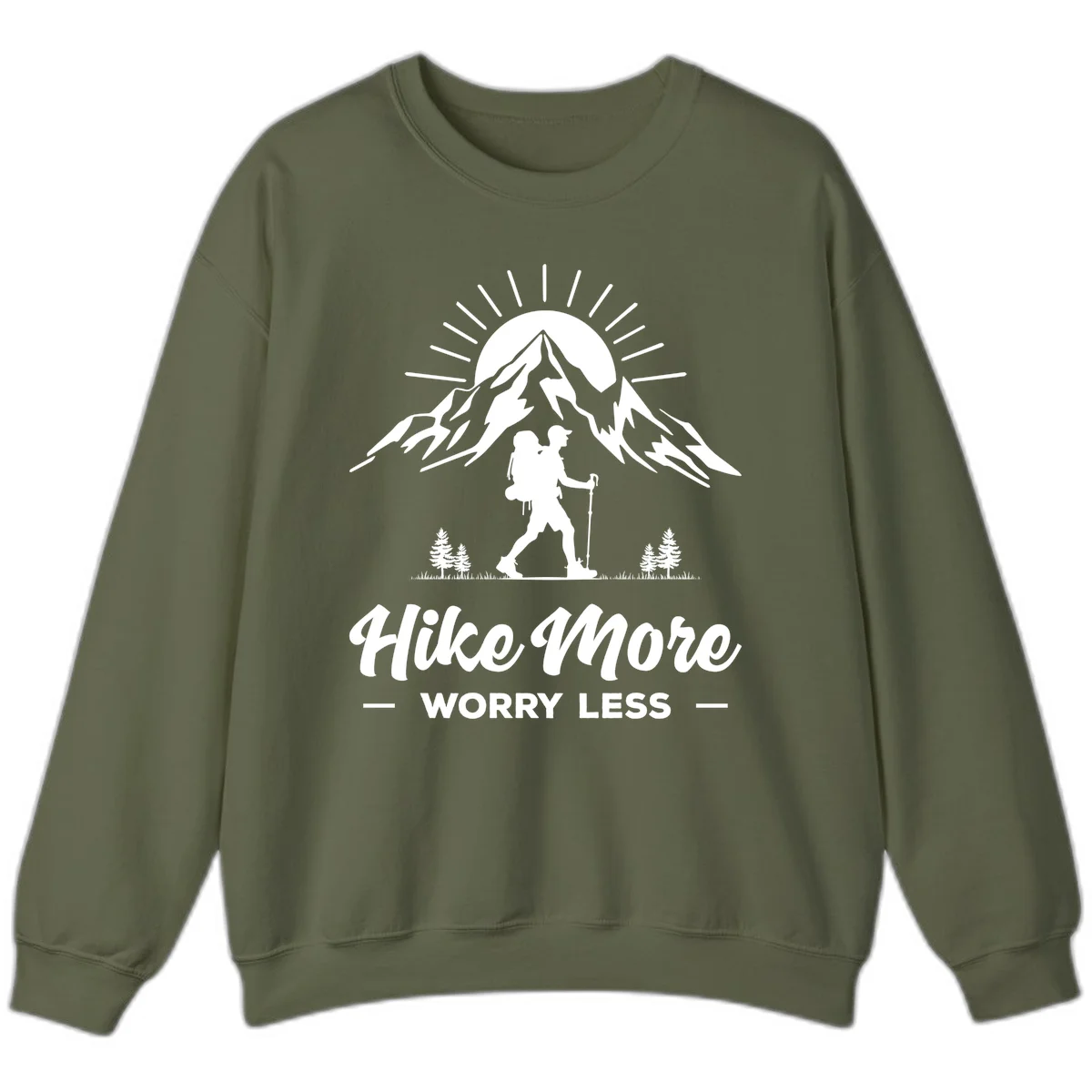 Silhouette of hiker with backpack and poles facing snow-capped mountain with radiating sun, evergreen trees below, text reads 'Hike More Worry Less' in Military Green