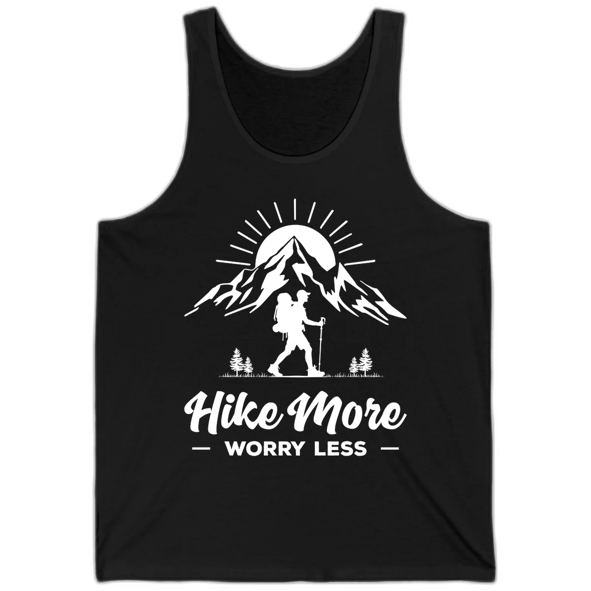 Silhouette of hiker with backpack and poles facing snow-capped mountain with radiating sun, evergreen trees below, text reads 'Hike More Worry Less' in Black