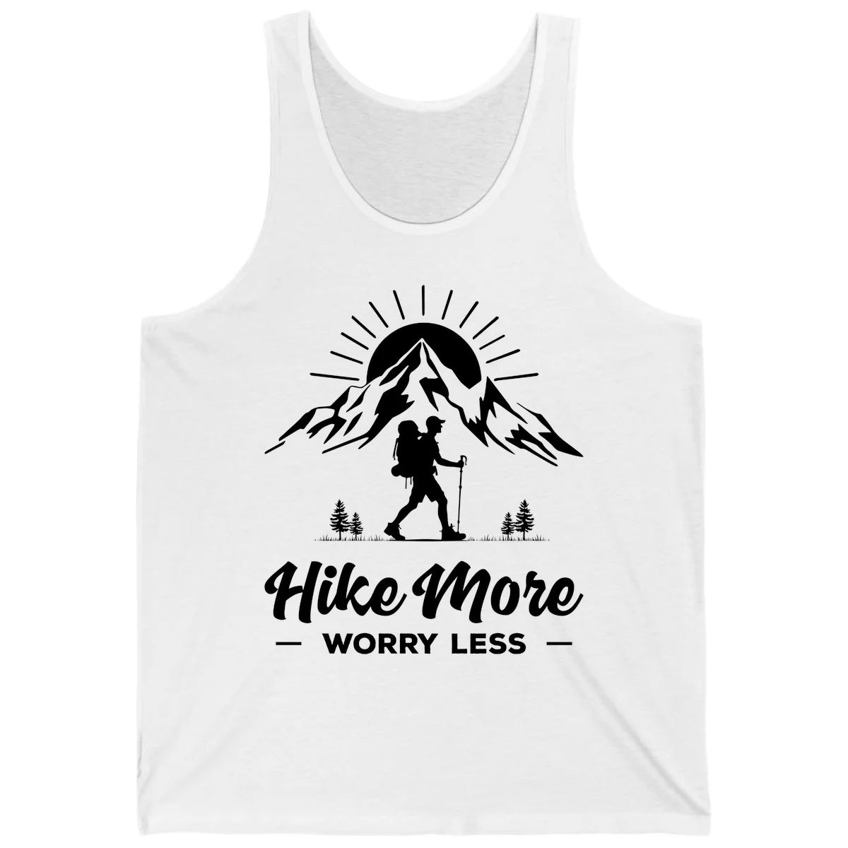 Silhouette of hiker with backpack and poles facing snow-capped mountain with radiating sun, evergreen trees below, text reads 'Hike More Worry Less' in White