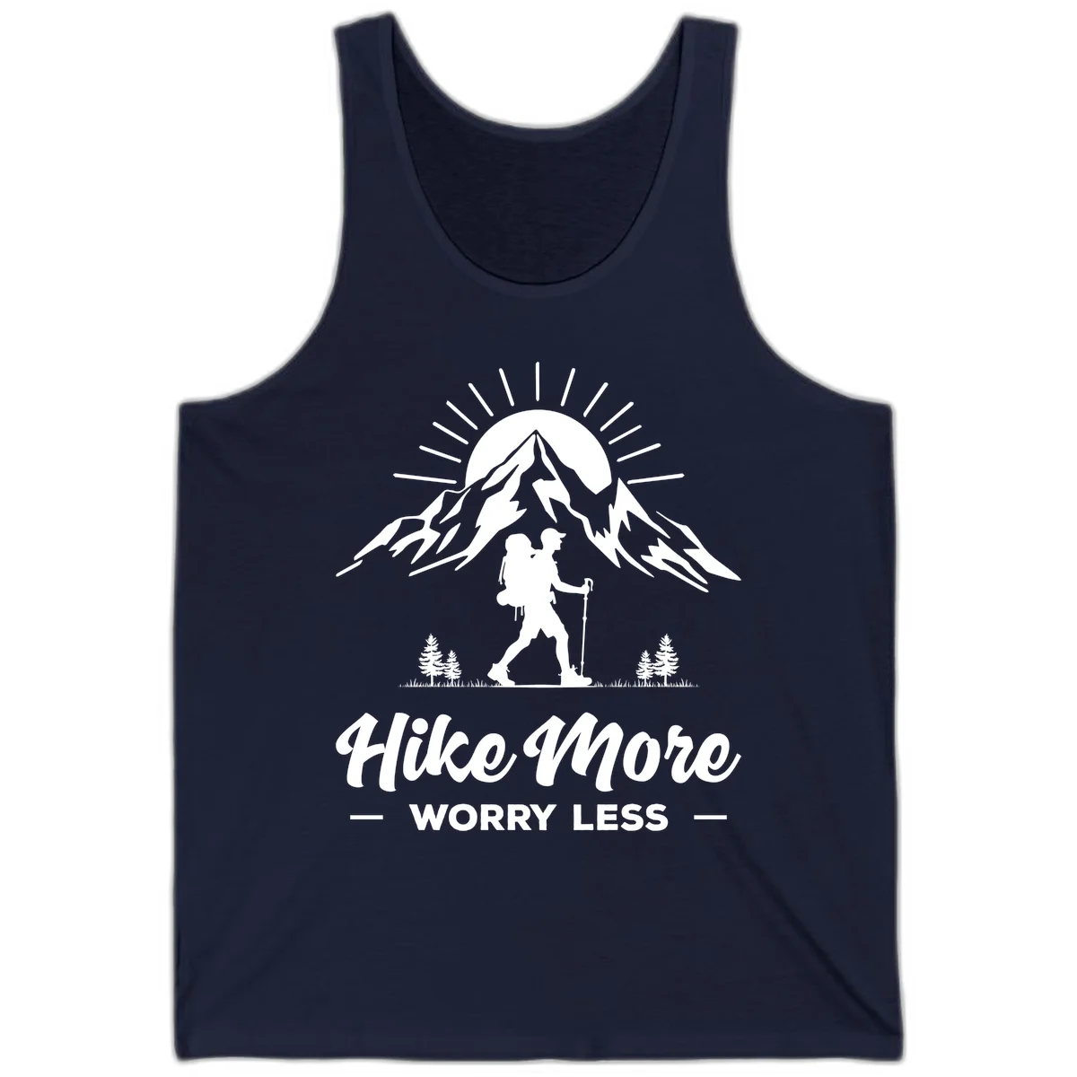 Silhouette of hiker with backpack and poles facing snow-capped mountain with radiating sun, evergreen trees below, text reads 'Hike More Worry Less' in Navy