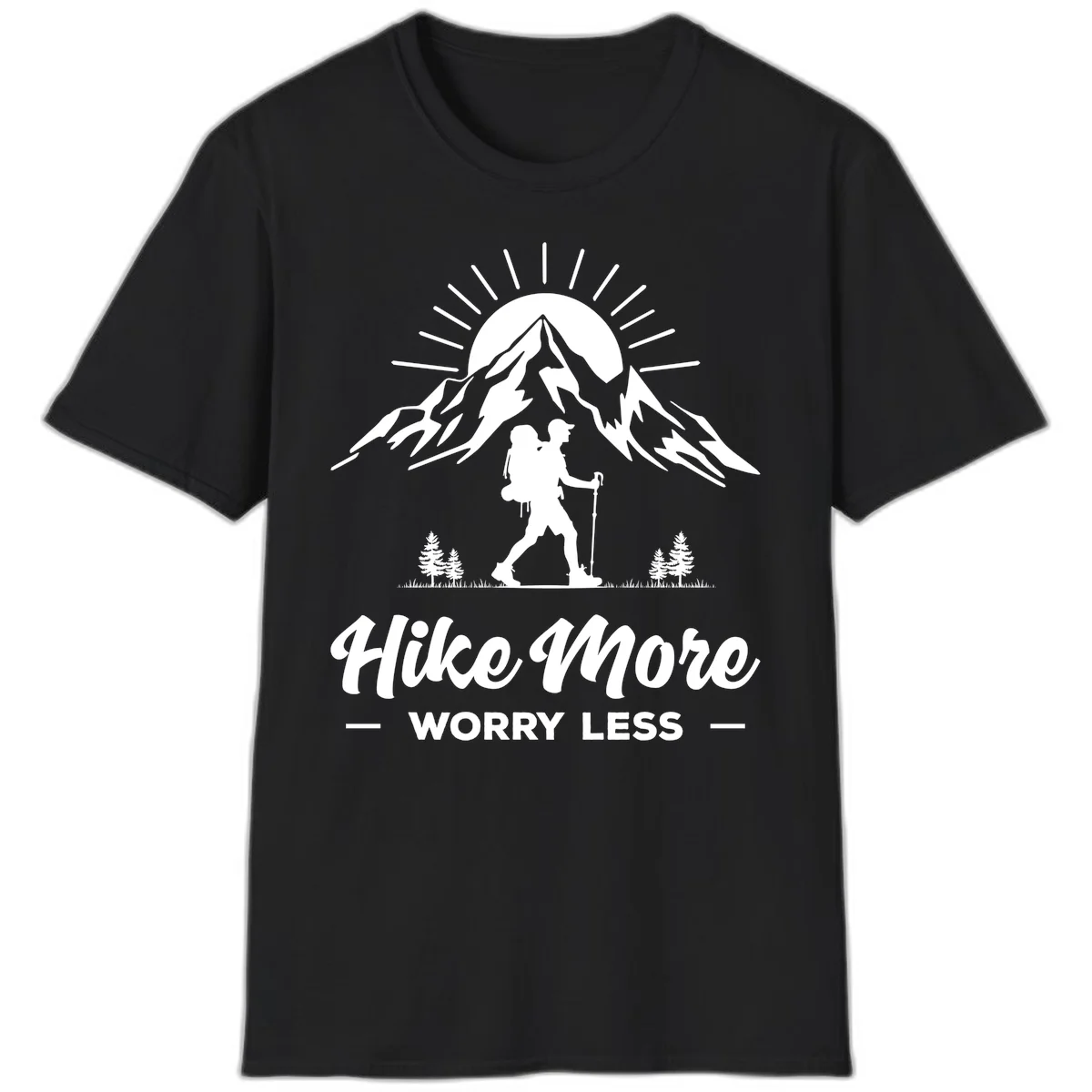 Silhouette of hiker with backpack and poles facing snow-capped mountain with radiating sun, evergreen trees below, text reads 'Hike More Worry Less' in Black