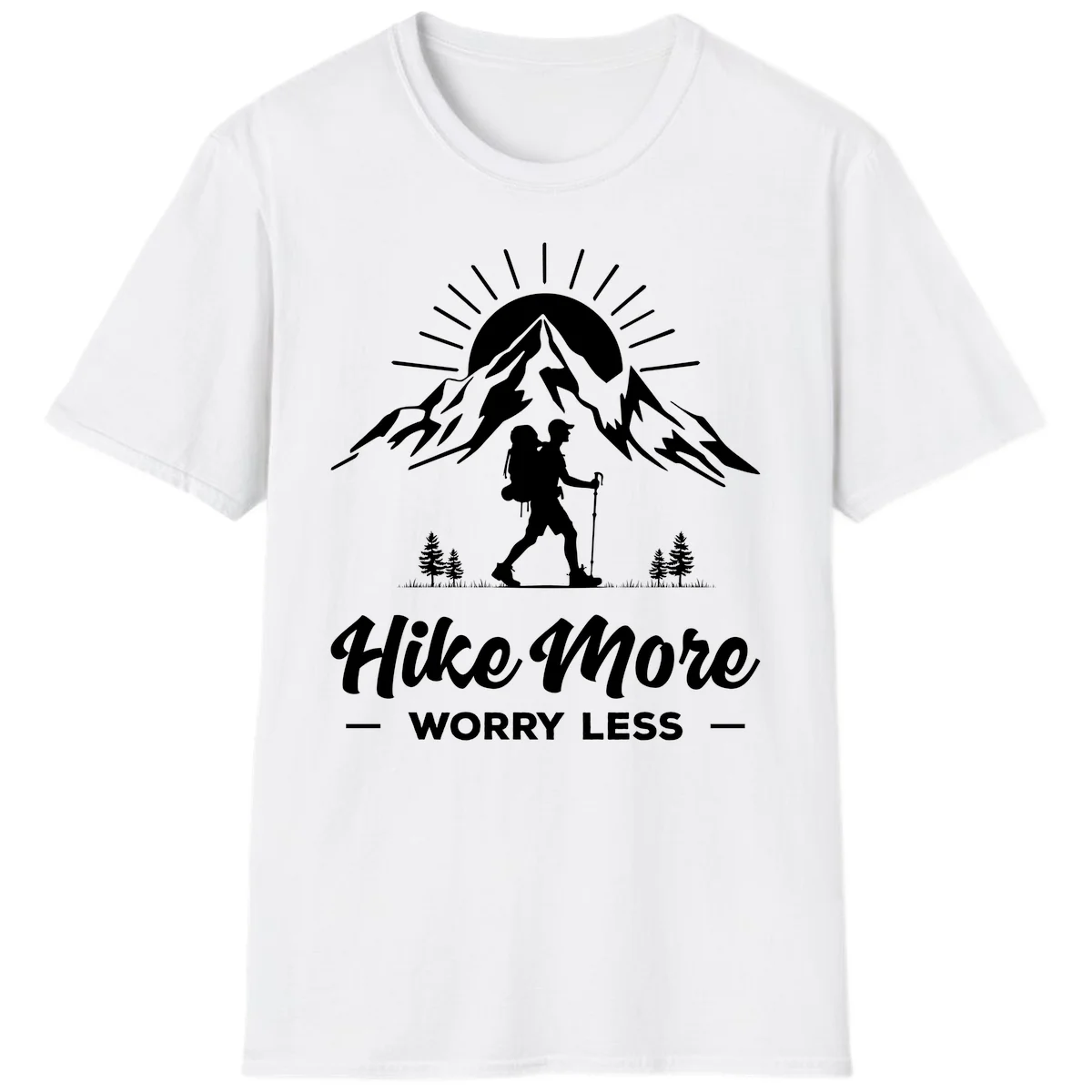 Silhouette of hiker with backpack and poles facing snow-capped mountain with radiating sun, evergreen trees below, text reads 'Hike More Worry Less' in White
