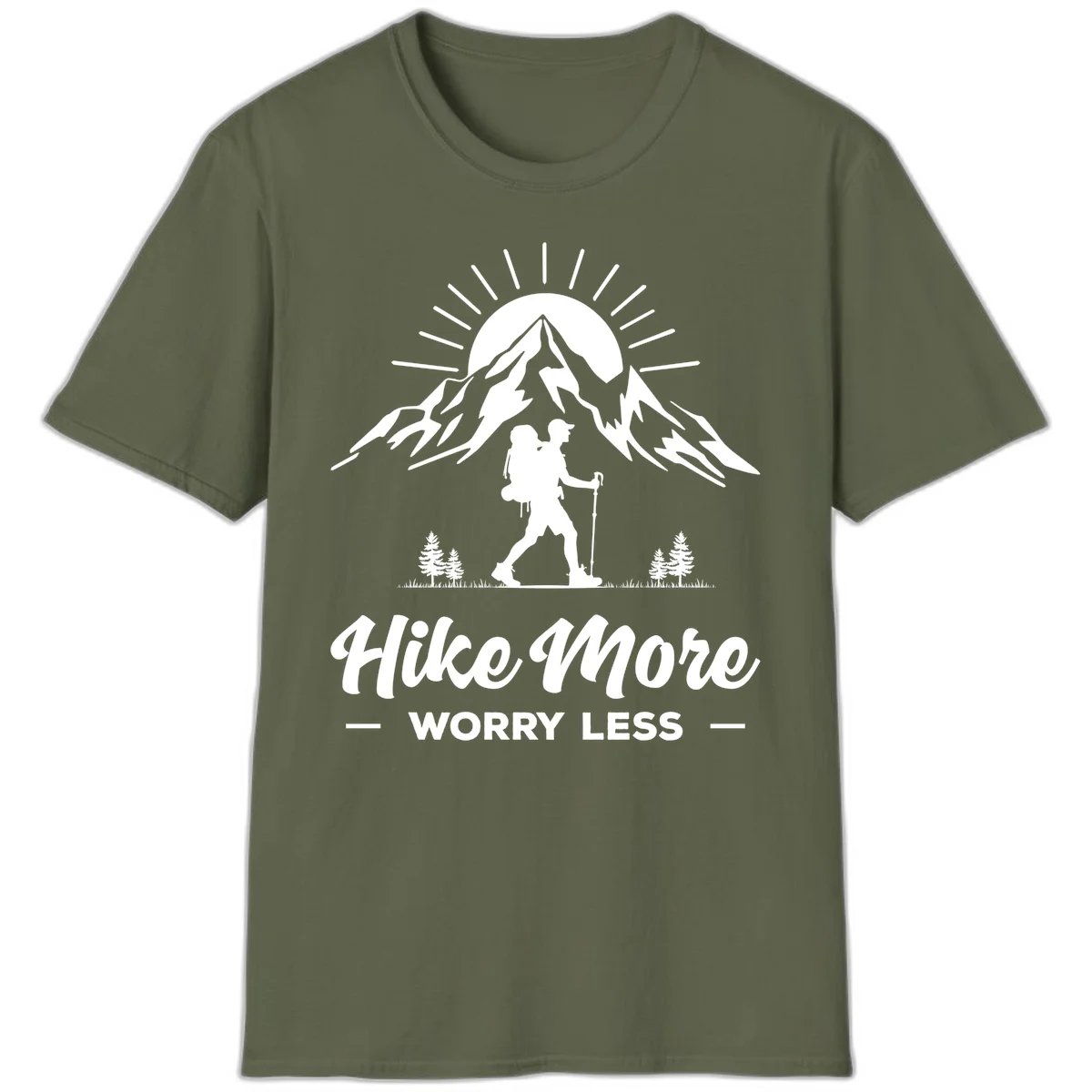 Silhouette of hiker with backpack and poles facing snow-capped mountain with radiating sun, evergreen trees below, text reads 'Hike More Worry Less' in Military Green