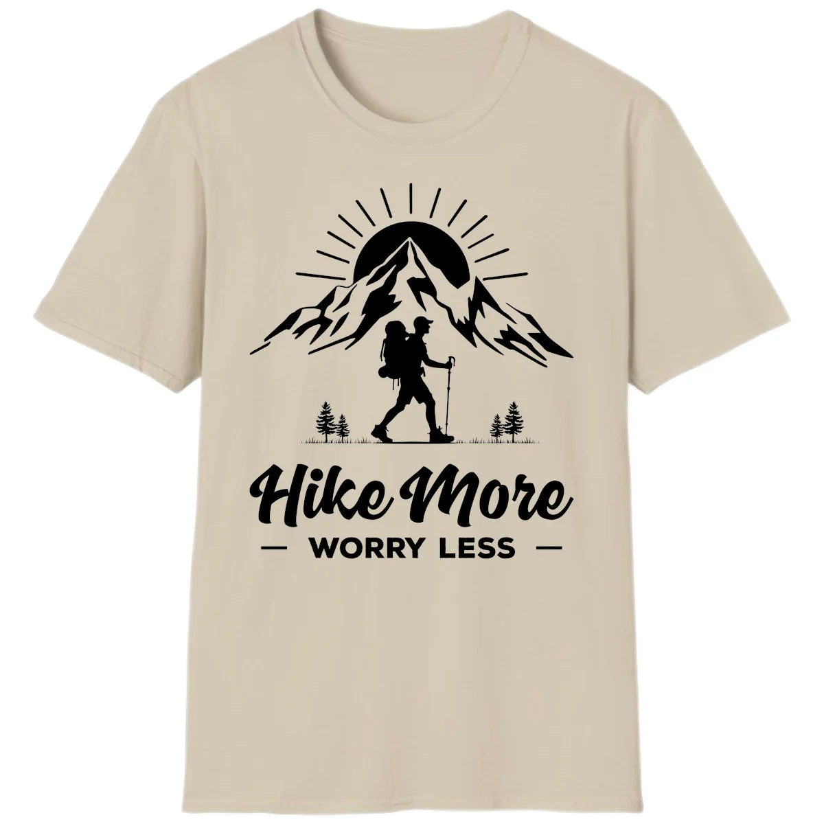 Silhouette of hiker with backpack and poles facing snow-capped mountain with radiating sun, evergreen trees below, text reads 'Hike More Worry Less' in Sand