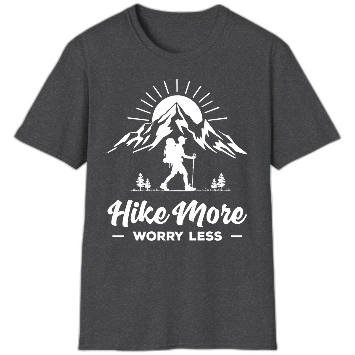 Silhouette of hiker with backpack and poles facing snow-capped mountain with radiating sun, evergreen trees below, text reads 'Hike More Worry Less' in Dark Heather