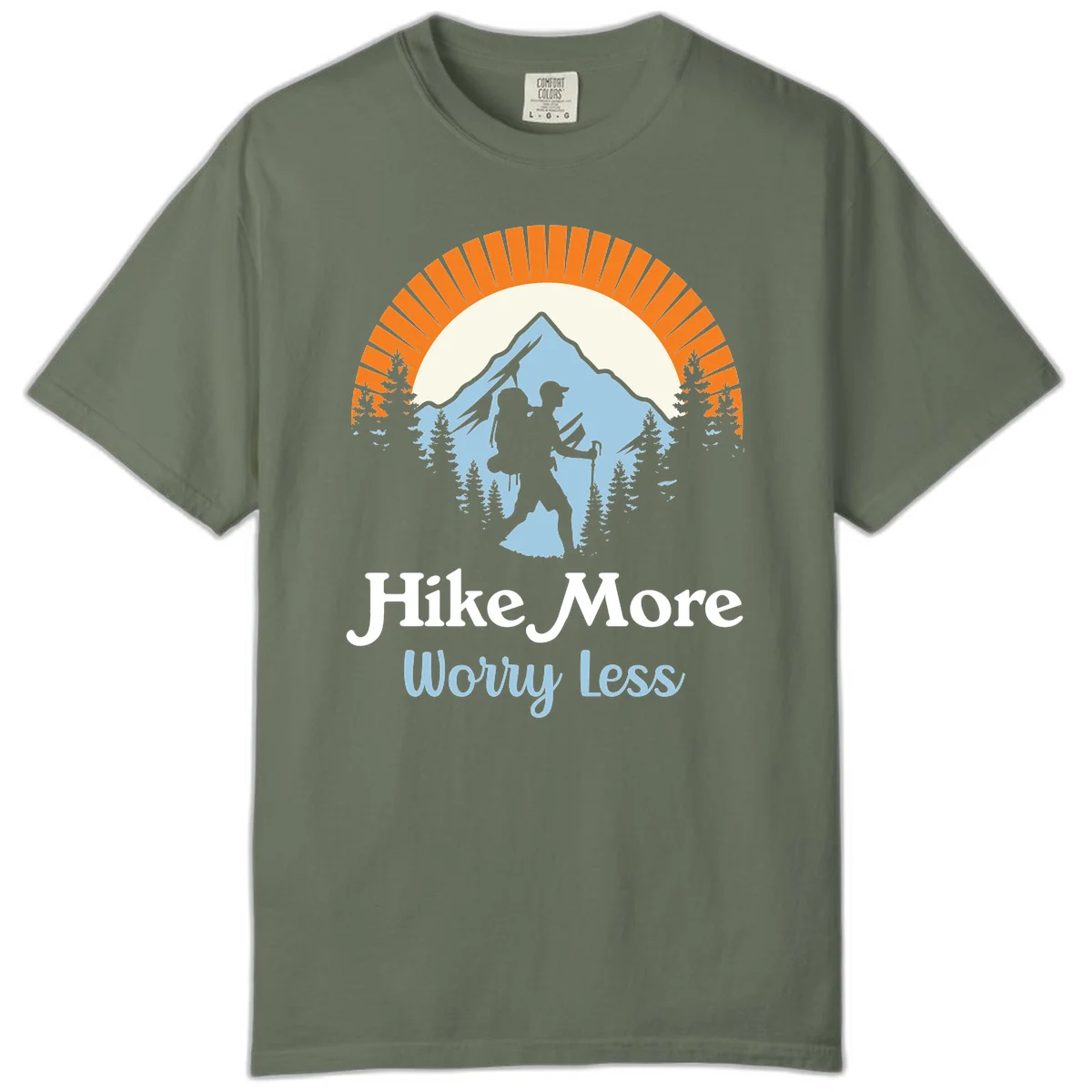 Hike more worry less badge design with silhouetted hiker, mountain peak, and evergreen forest in circular composition. in Moss