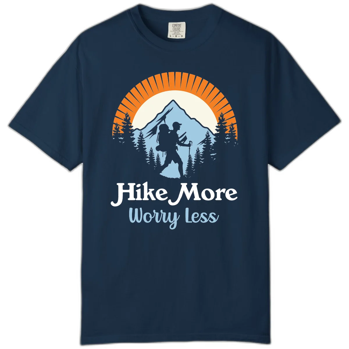 Hike more worry less badge design with silhouetted hiker, mountain peak, and evergreen forest in circular composition. in True Navy