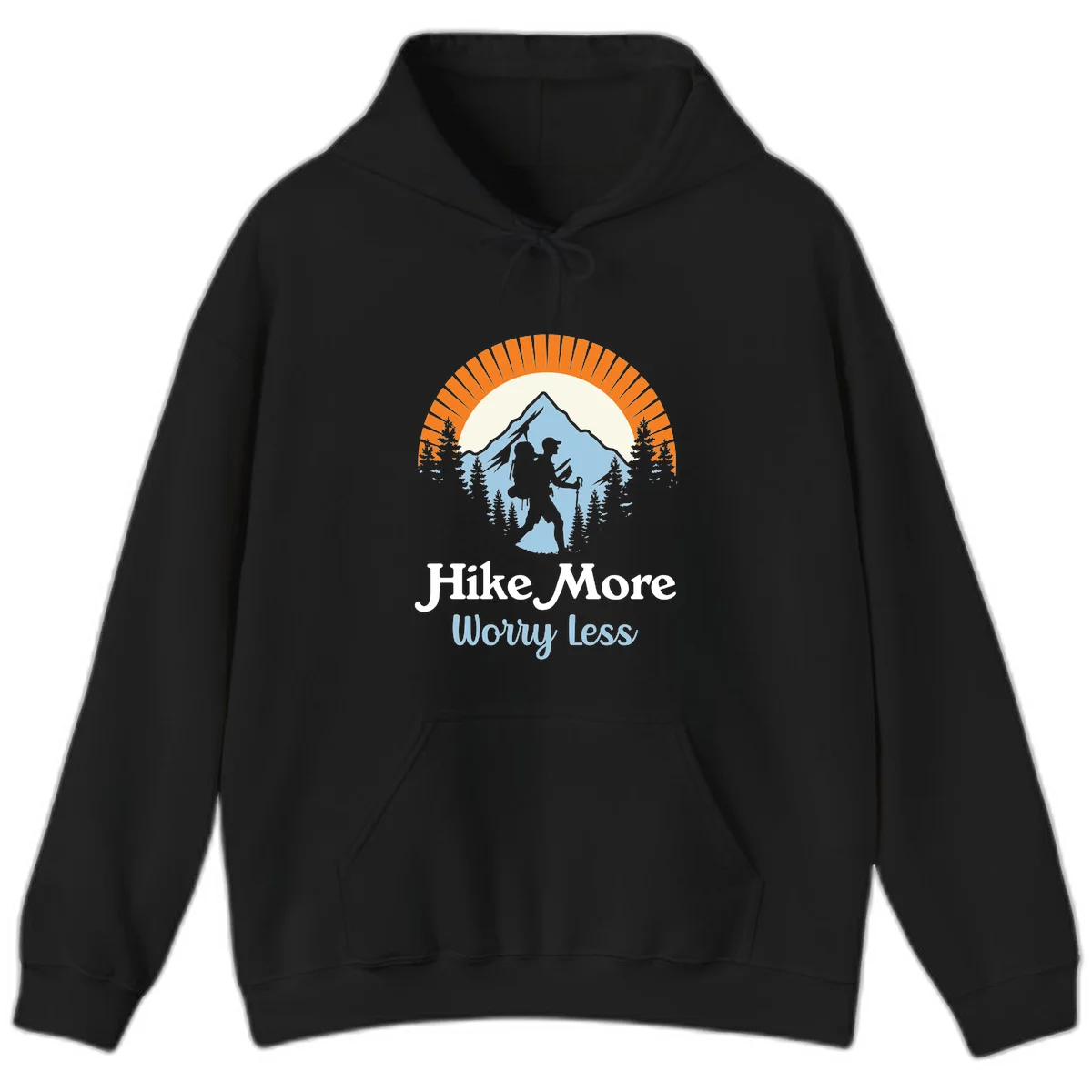 Hike more worry less badge design with silhouetted hiker, mountain peak, and evergreen forest in circular composition. in Black