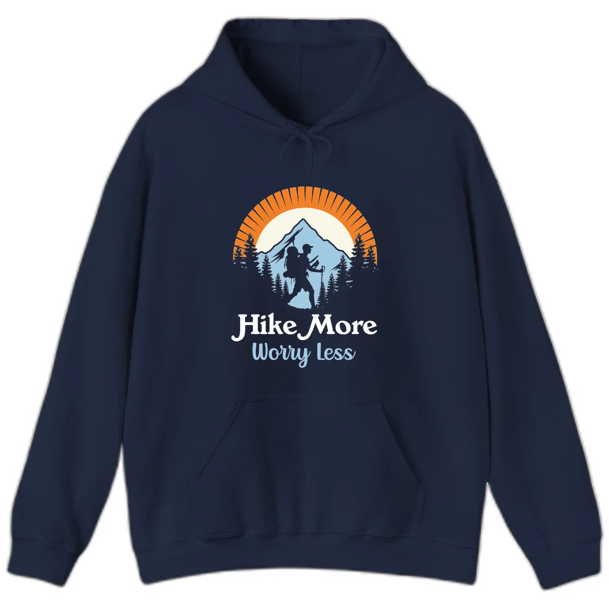 Hike more worry less badge design with silhouetted hiker, mountain peak, and evergreen forest in circular composition. in Navy