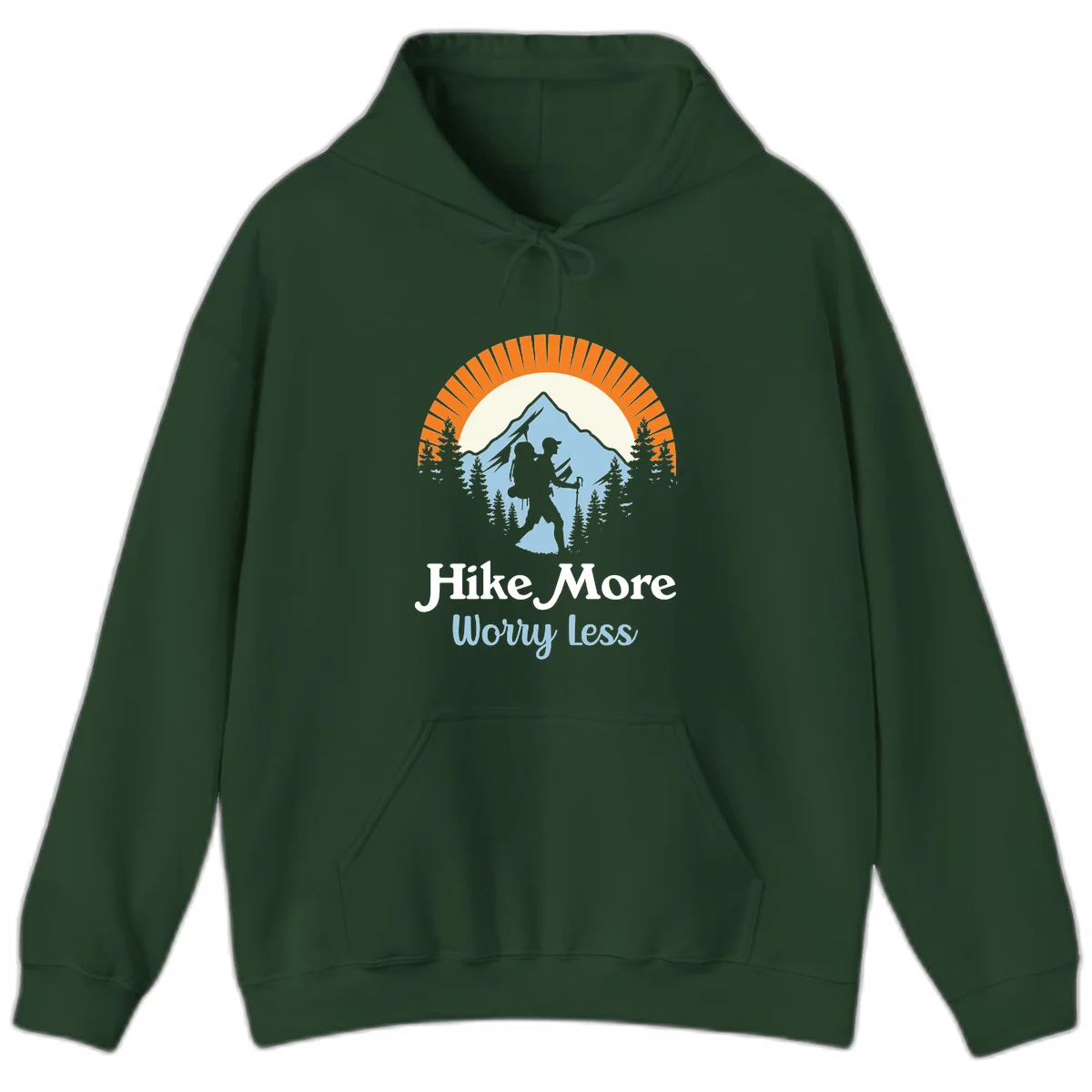 Hike more worry less badge design with silhouetted hiker, mountain peak, and evergreen forest in circular composition. in Forest Green
