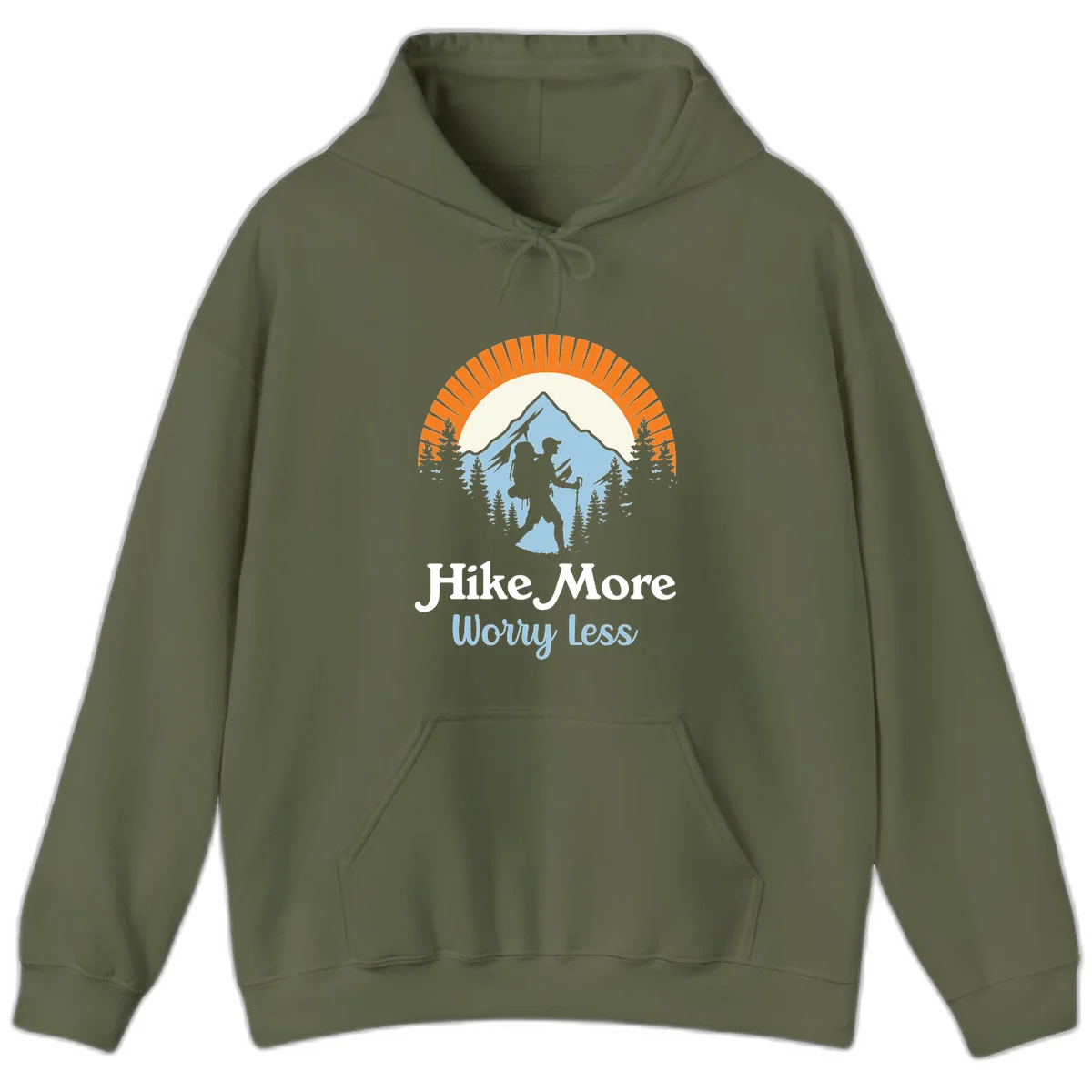 Hike more worry less badge design with silhouetted hiker, mountain peak, and evergreen forest in circular composition. in Military Green