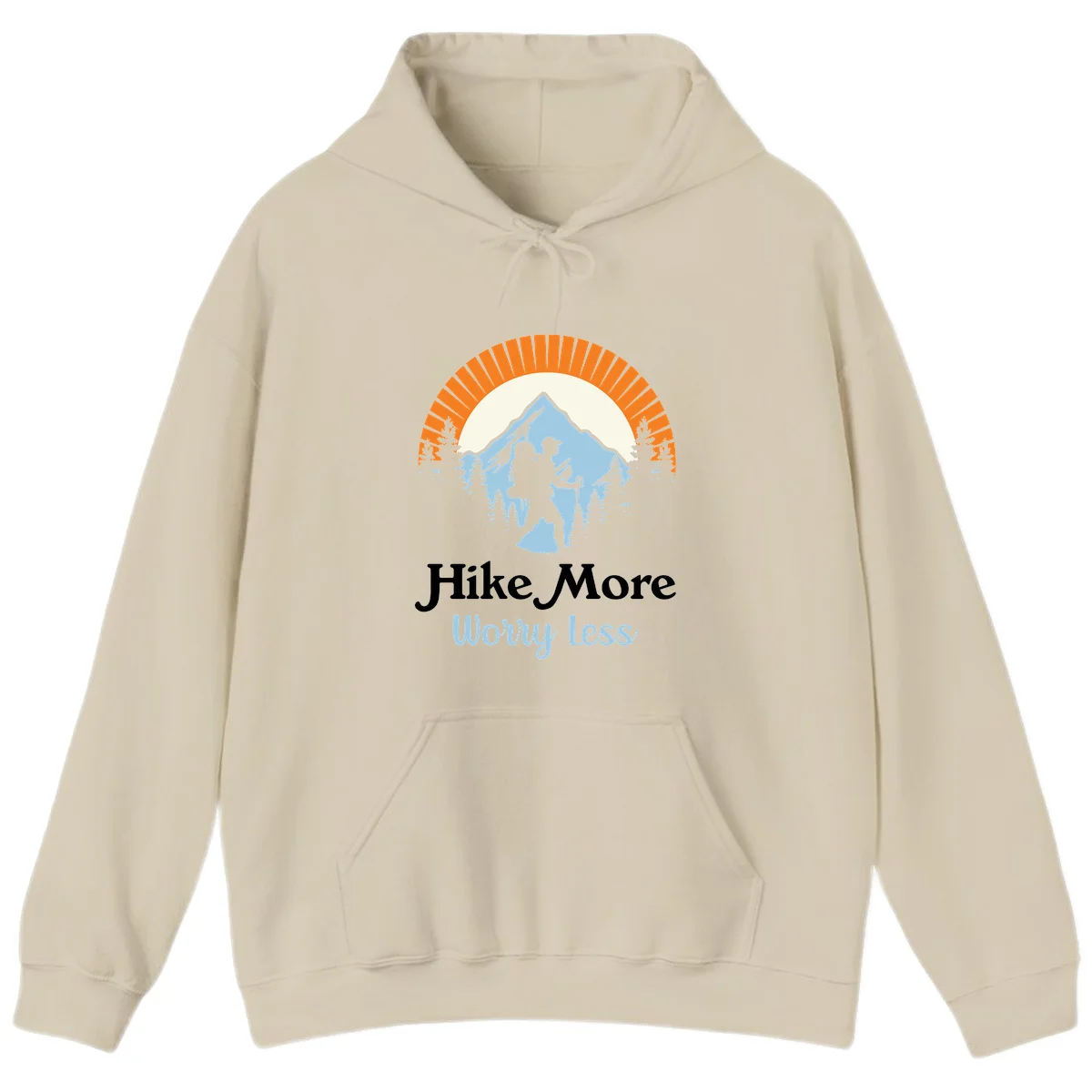Hike more worry less badge design with silhouetted hiker, mountain peak, and evergreen forest in circular composition. in Sand