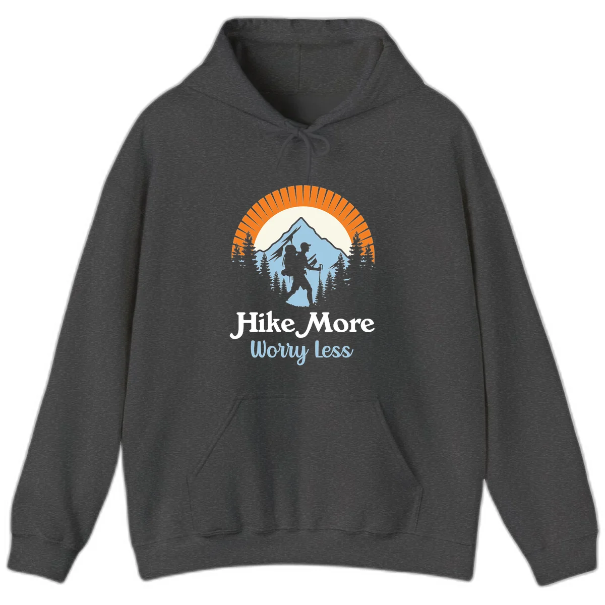 Hike more worry less badge design with silhouetted hiker, mountain peak, and evergreen forest in circular composition. in Dark Heather