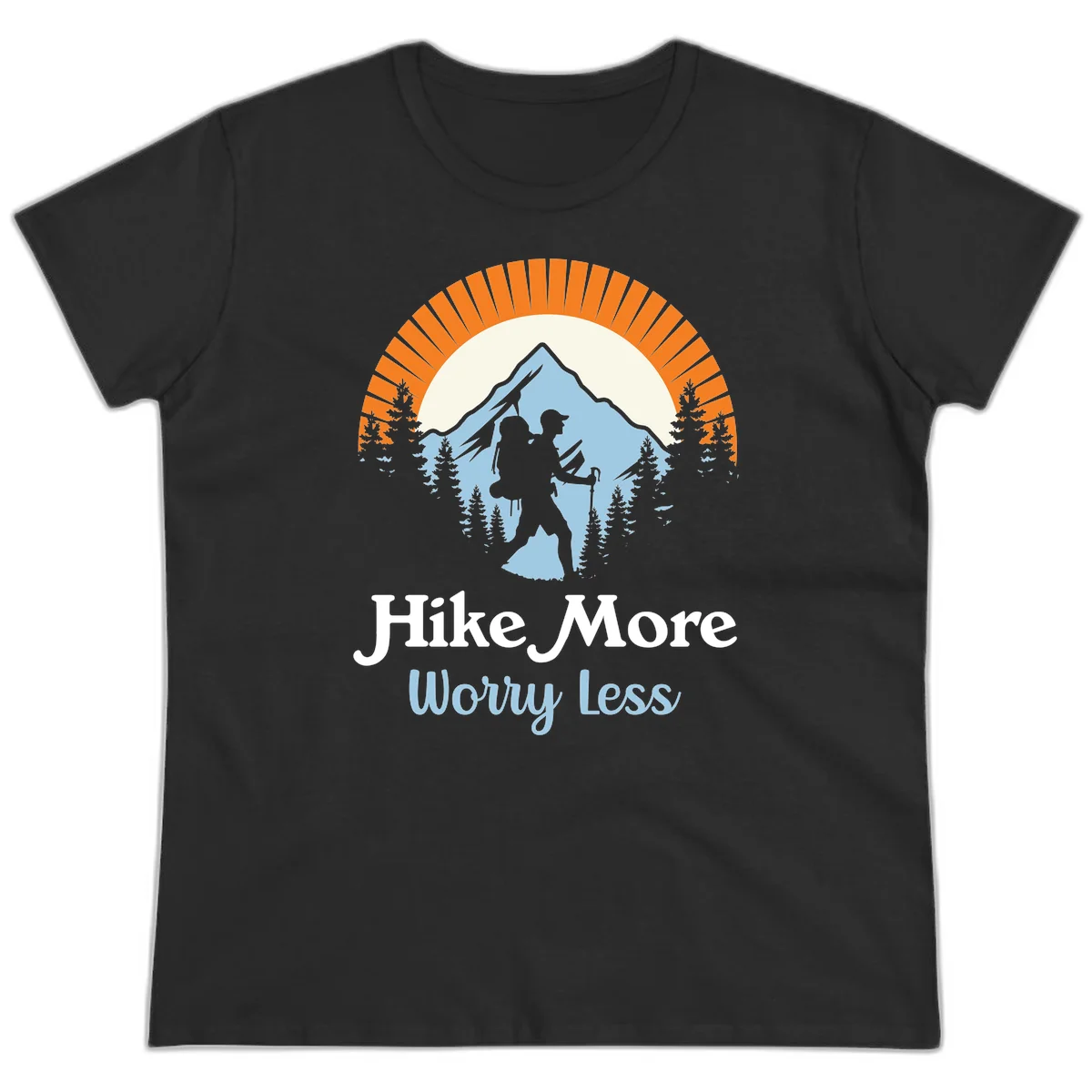 Hike more worry less badge design with silhouetted hiker, mountain peak, and evergreen forest in circular composition. in Black
