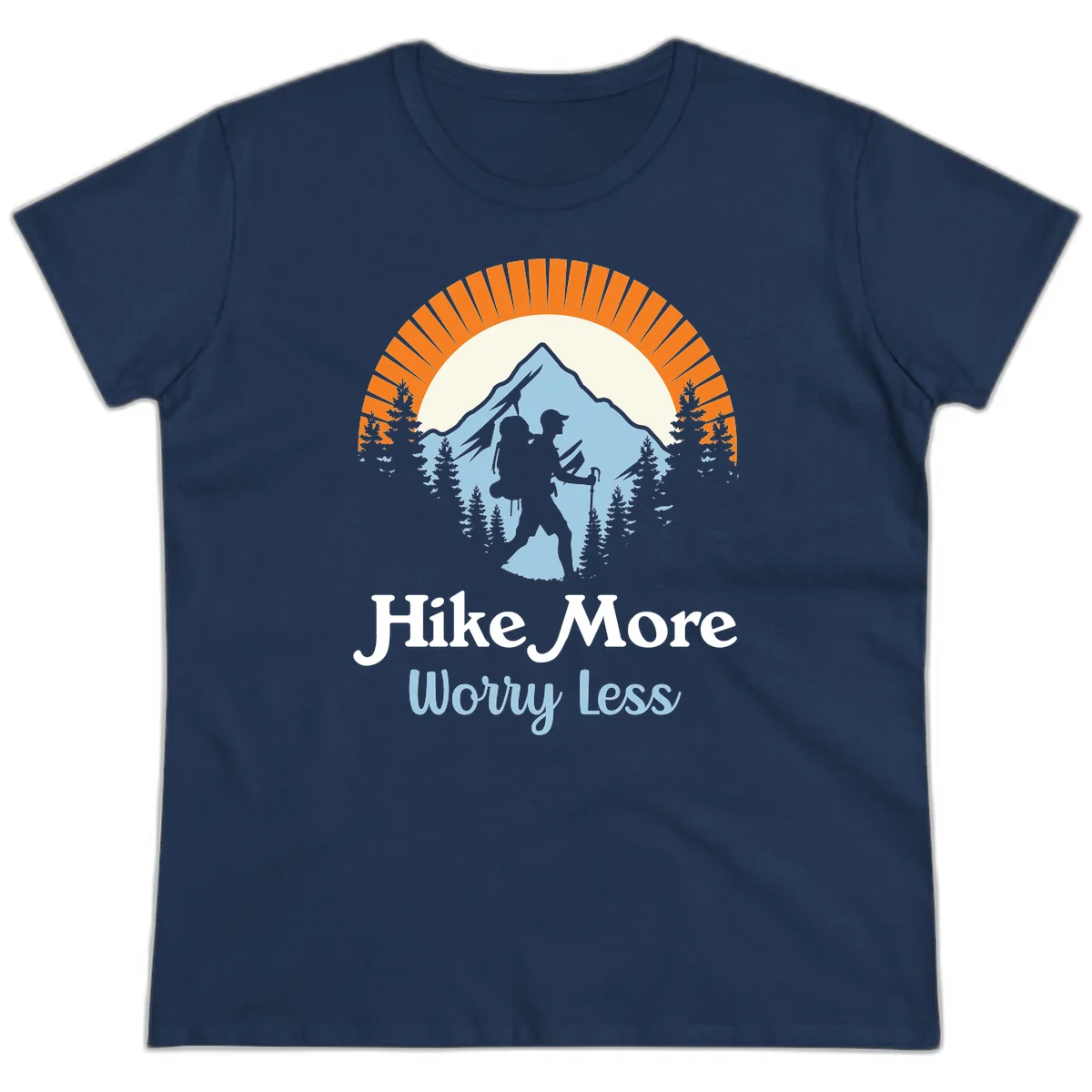 Hike more worry less badge design with silhouetted hiker, mountain peak, and evergreen forest in circular composition. in Navy