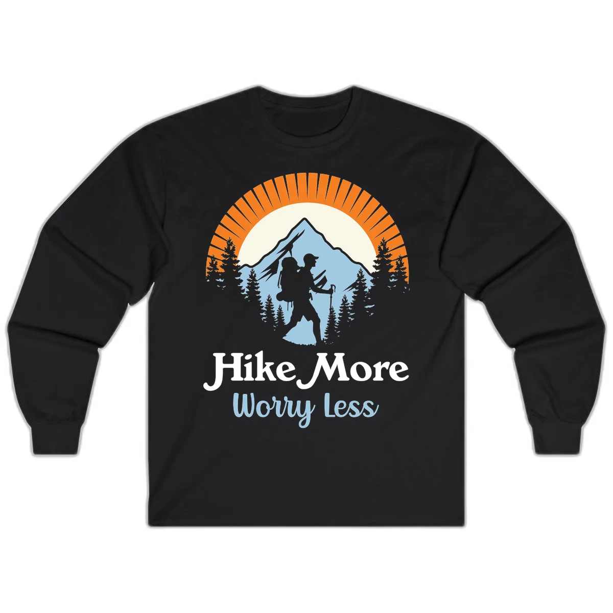 Hike more worry less badge design with silhouetted hiker, mountain peak, and evergreen forest in circular composition. in Black