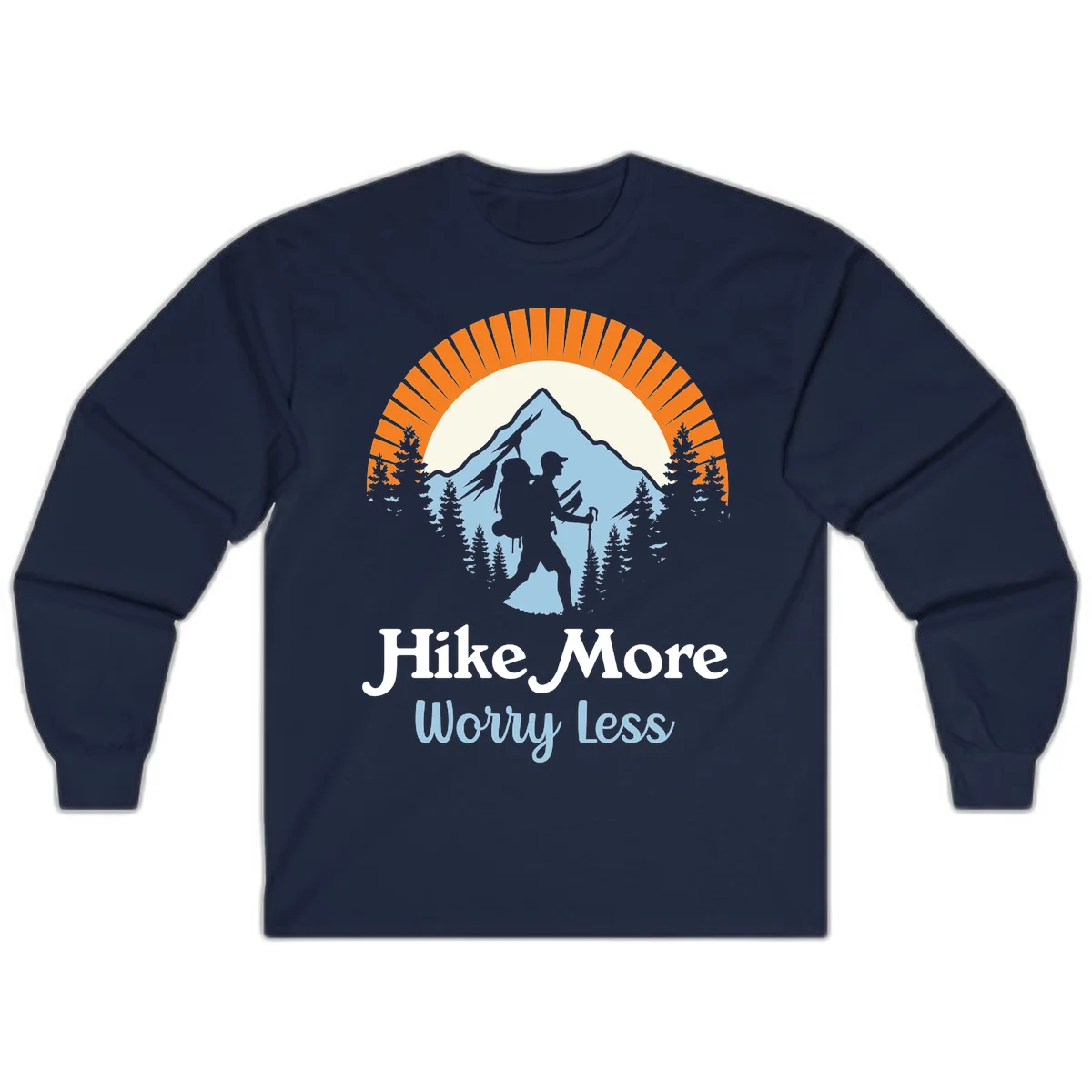 Hike more worry less badge design with silhouetted hiker, mountain peak, and evergreen forest in circular composition. in Navy