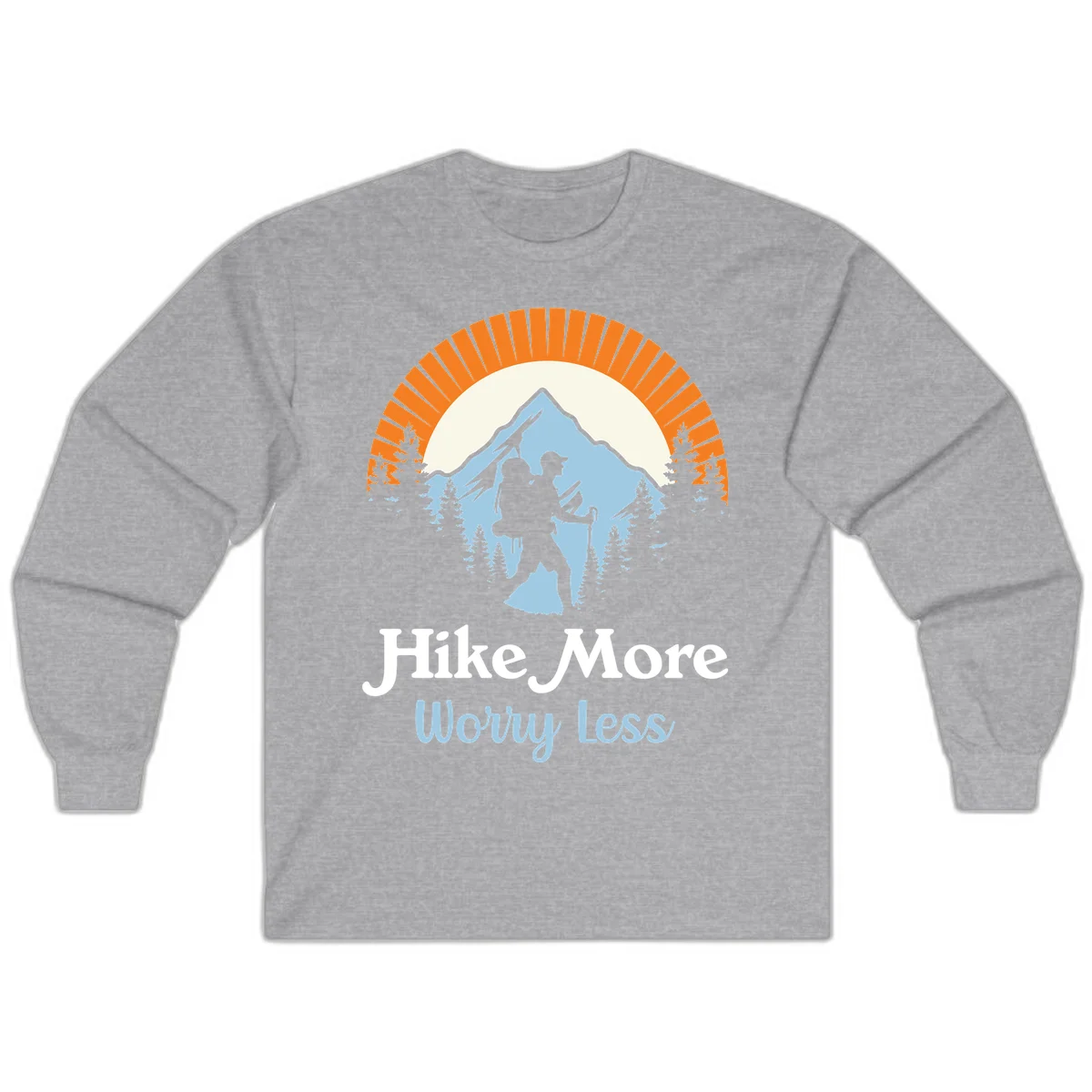 Hike more worry less badge design with silhouetted hiker, mountain peak, and evergreen forest in circular composition. in Sport Grey