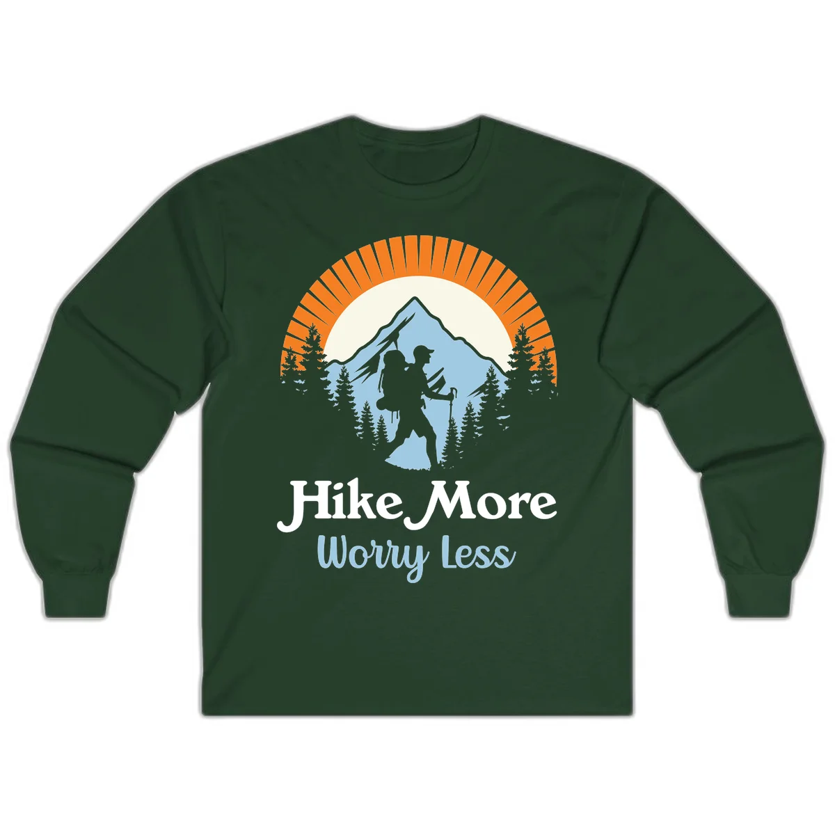 Hike more worry less badge design with silhouetted hiker, mountain peak, and evergreen forest in circular composition. in Forest Green