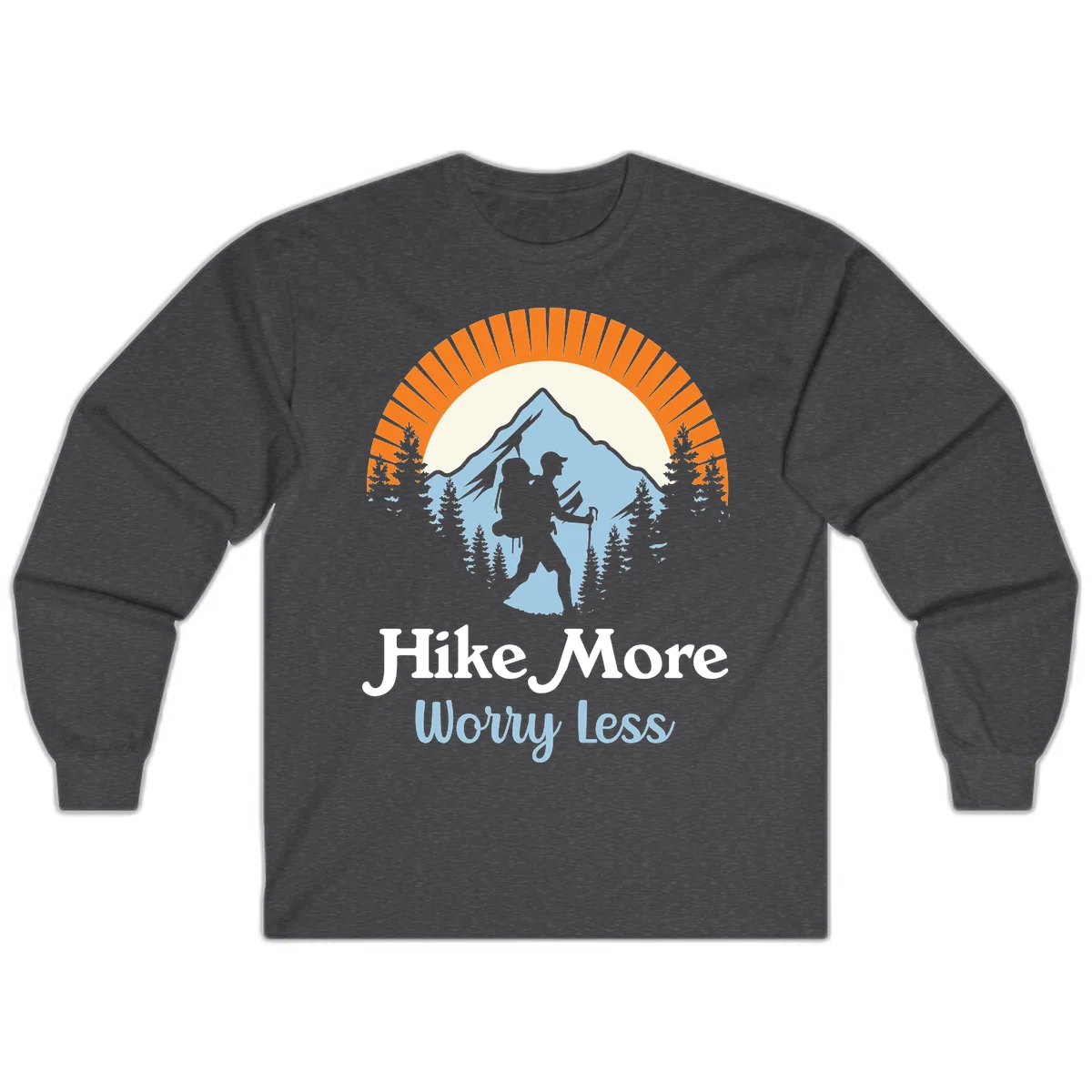 Hike more worry less badge design with silhouetted hiker, mountain peak, and evergreen forest in circular composition. in Dark Heather