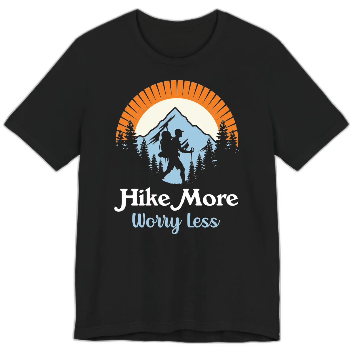 Hike more worry less badge design with silhouetted hiker, mountain peak, and evergreen forest in circular composition. in Black