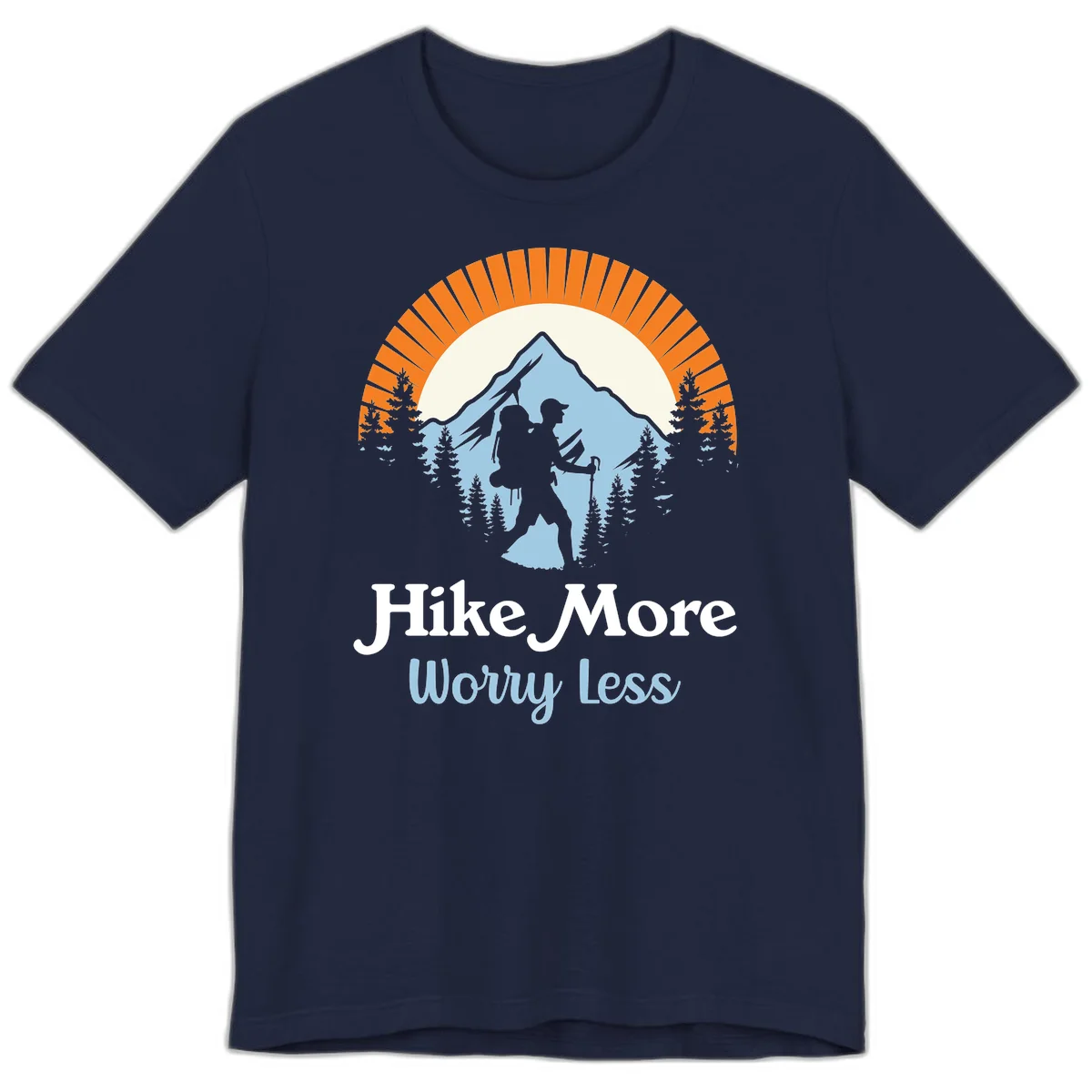 Hike more worry less badge design with silhouetted hiker, mountain peak, and evergreen forest in circular composition. in Navy