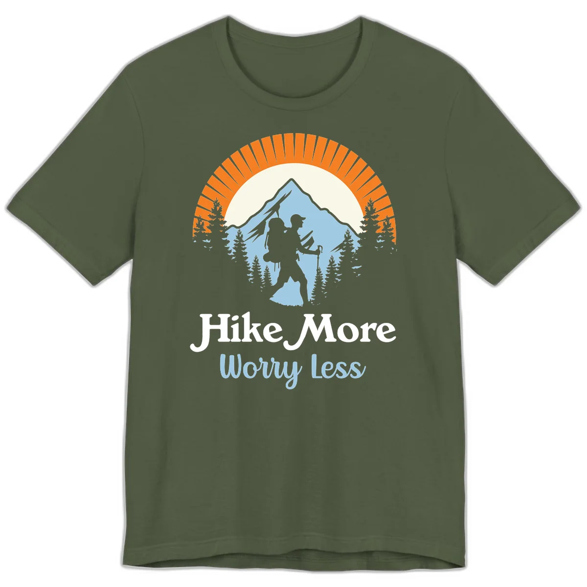 Hike more worry less badge design with silhouetted hiker, mountain peak, and evergreen forest in circular composition. in Military Green