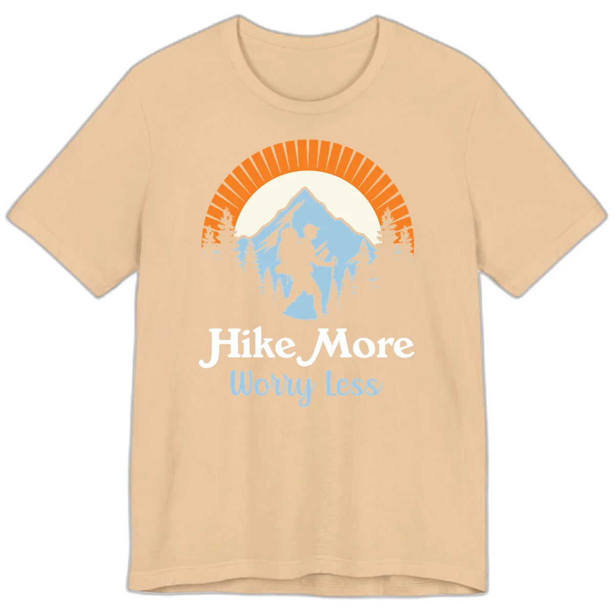 Hike more worry less badge design with silhouetted hiker, mountain peak, and evergreen forest in circular composition. in Sand Dune