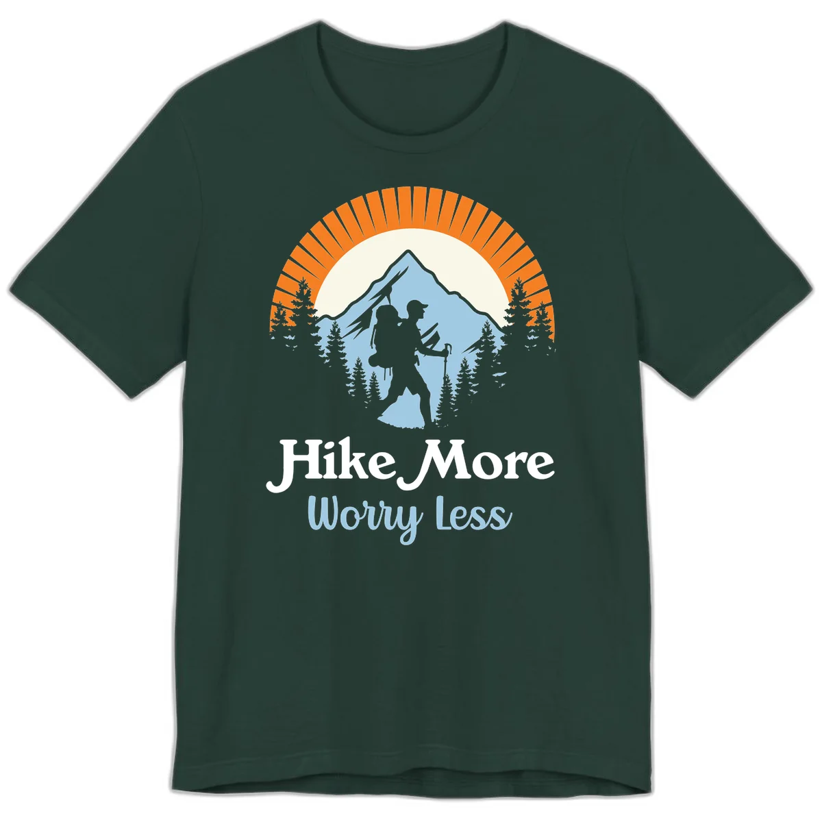 Hike more worry less badge design with silhouetted hiker, mountain peak, and evergreen forest in circular composition. in Forest