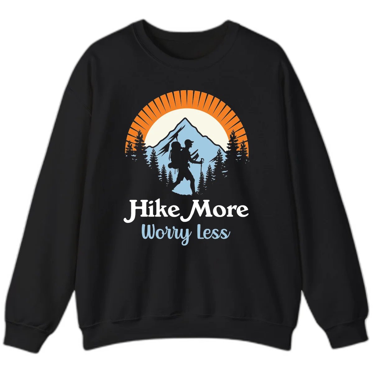 Hike more worry less badge design with silhouetted hiker, mountain peak, and evergreen forest in circular composition. in Black