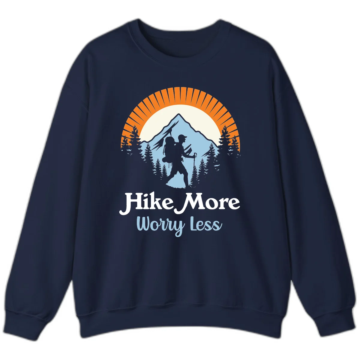 Hike more worry less badge design with silhouetted hiker, mountain peak, and evergreen forest in circular composition. in Navy