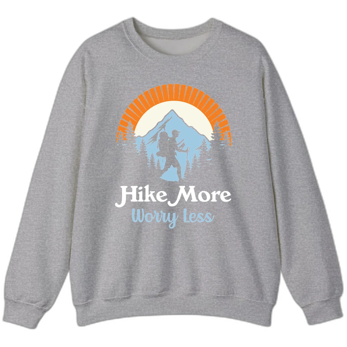Hike more worry less badge design with silhouetted hiker, mountain peak, and evergreen forest in circular composition. in Sport Grey