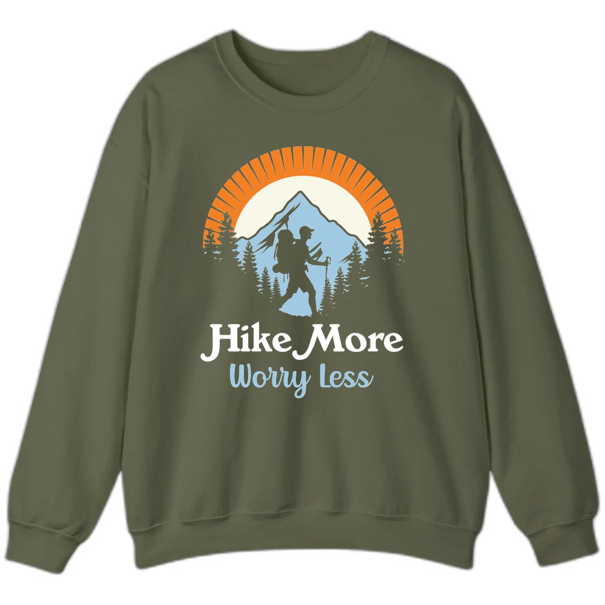Hike more worry less badge design with silhouetted hiker, mountain peak, and evergreen forest in circular composition. in Military Green