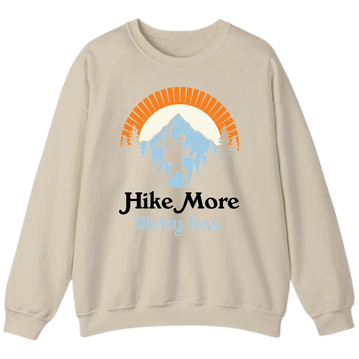 Hike more worry less badge design with silhouetted hiker, mountain peak, and evergreen forest in circular composition. in Sand