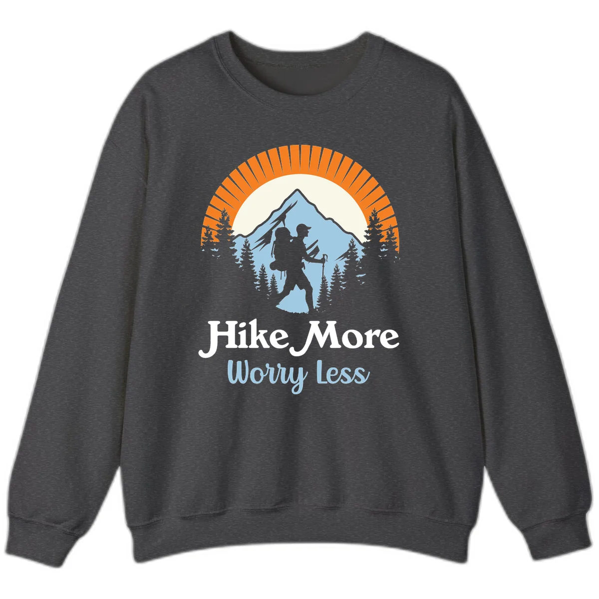 Hike more worry less badge design with silhouetted hiker, mountain peak, and evergreen forest in circular composition. in Dark Heather