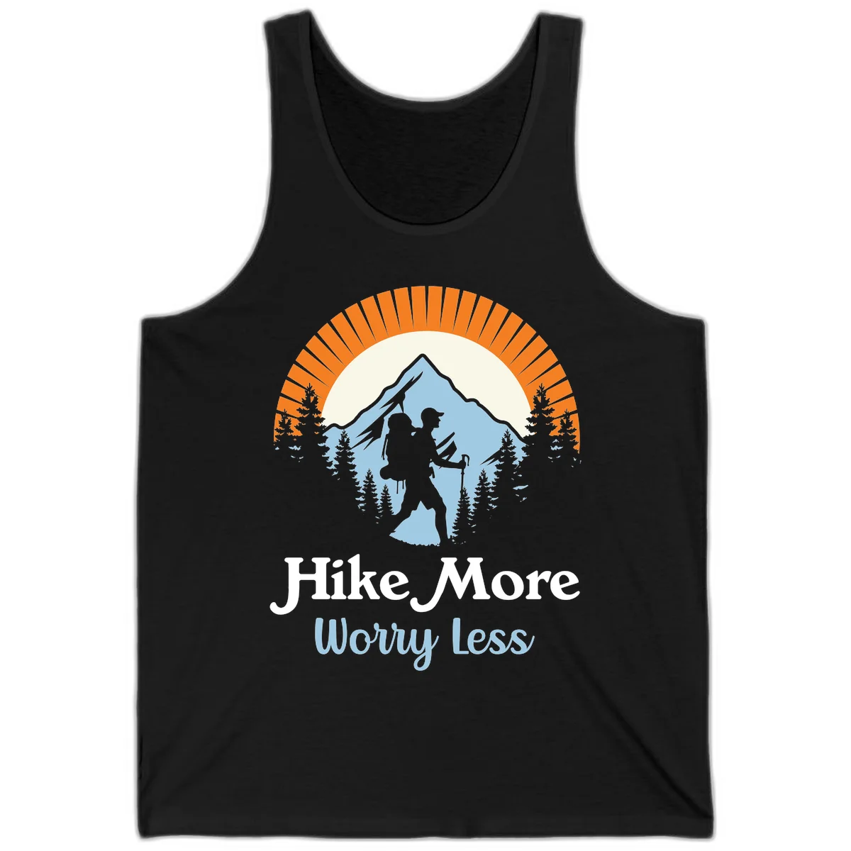 Hike more worry less badge design with silhouetted hiker, mountain peak, and evergreen forest in circular composition. in Black