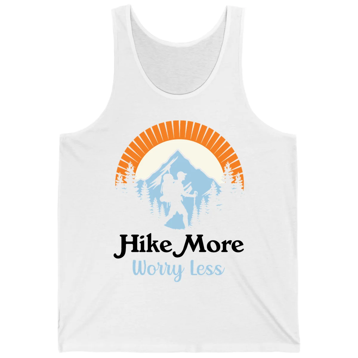 Hike more worry less badge design with silhouetted hiker, mountain peak, and evergreen forest in circular composition. in White