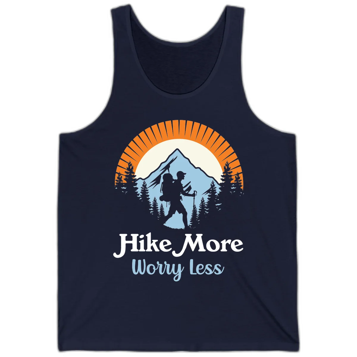 Hike more worry less badge design with silhouetted hiker, mountain peak, and evergreen forest in circular composition. in Navy