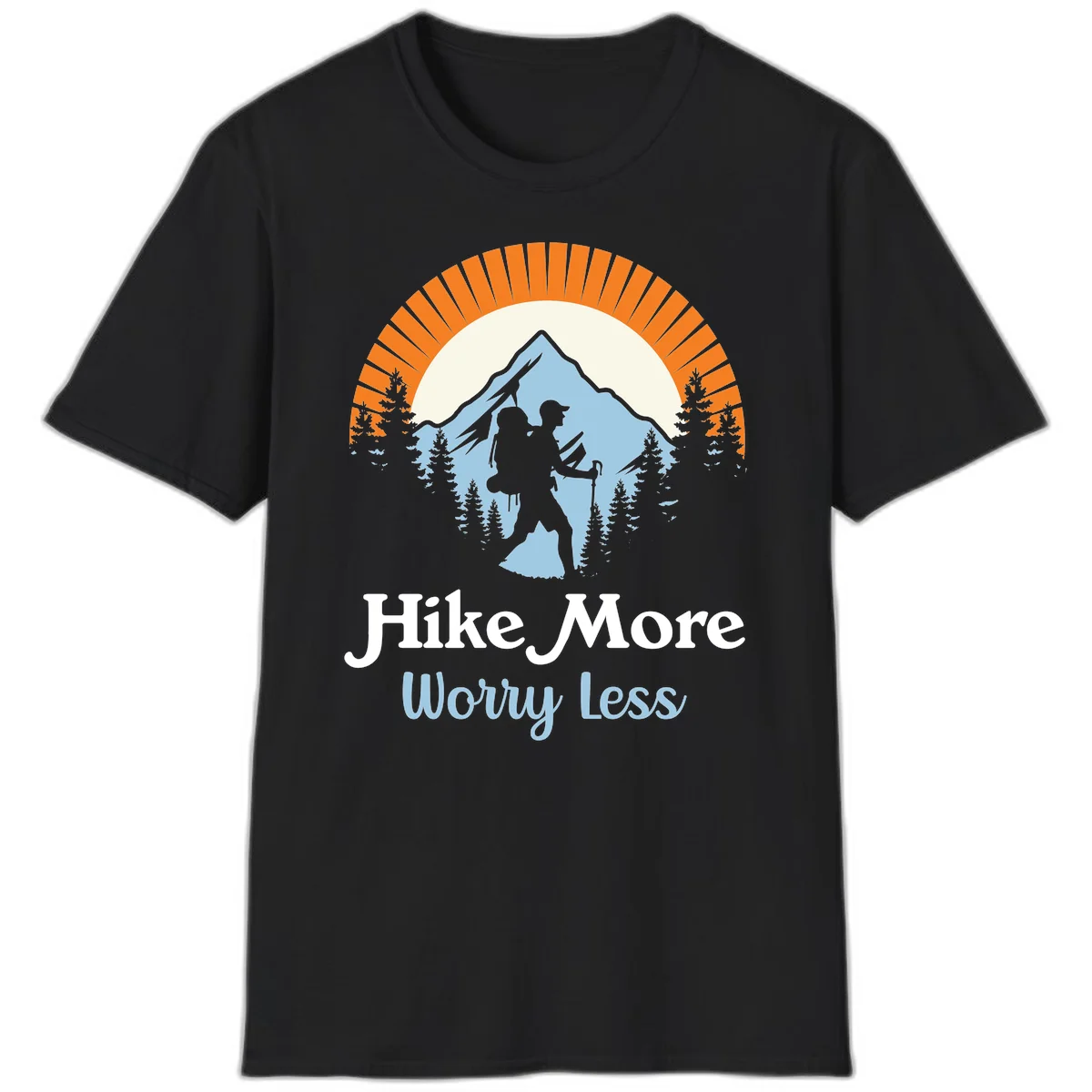 Hike more worry less badge design with silhouetted hiker, mountain peak, and evergreen forest in circular composition. in Black