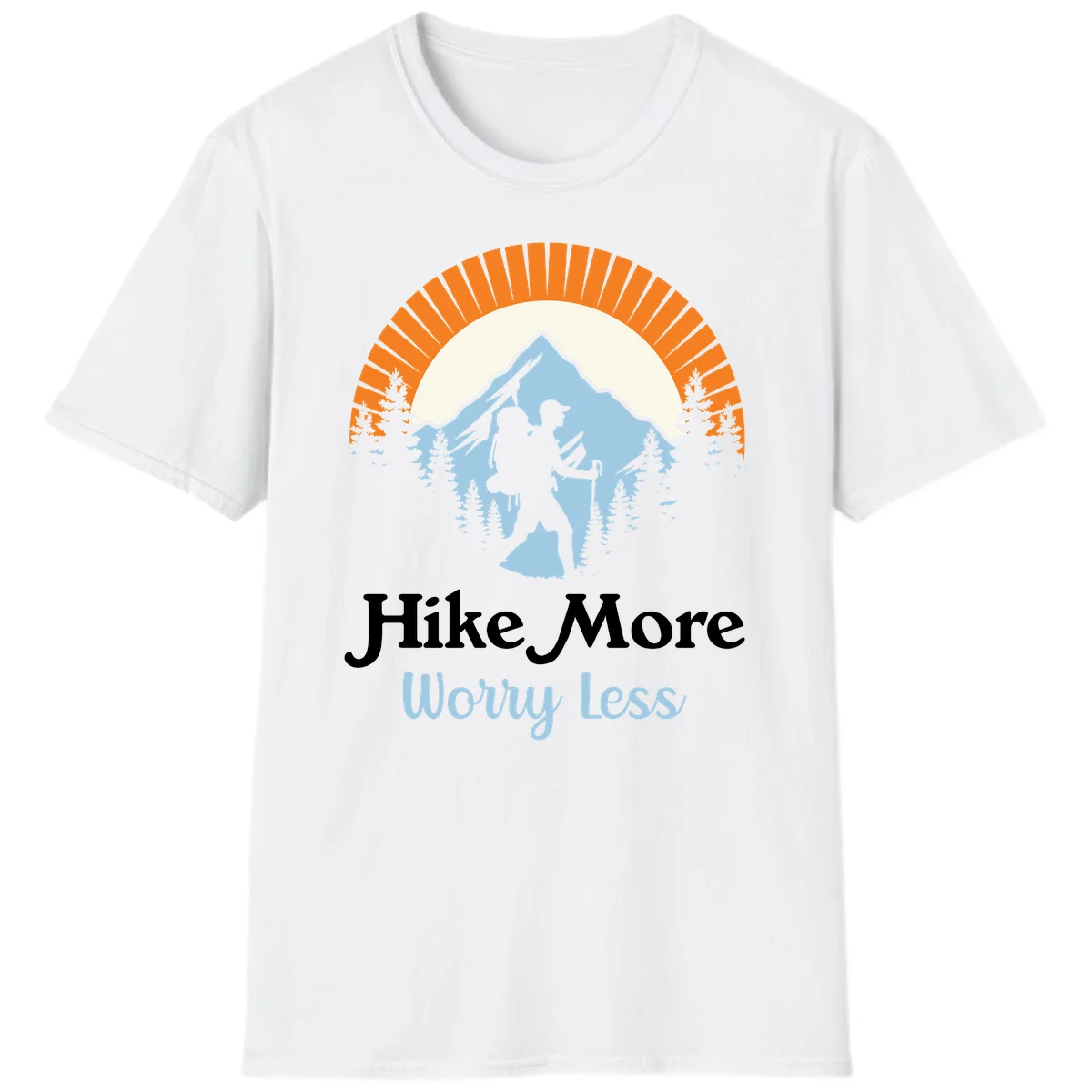 Hike more worry less badge design with silhouetted hiker, mountain peak, and evergreen forest in circular composition. in White