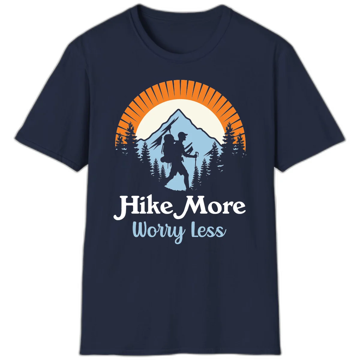 Hike more worry less badge design with silhouetted hiker, mountain peak, and evergreen forest in circular composition. in Navy