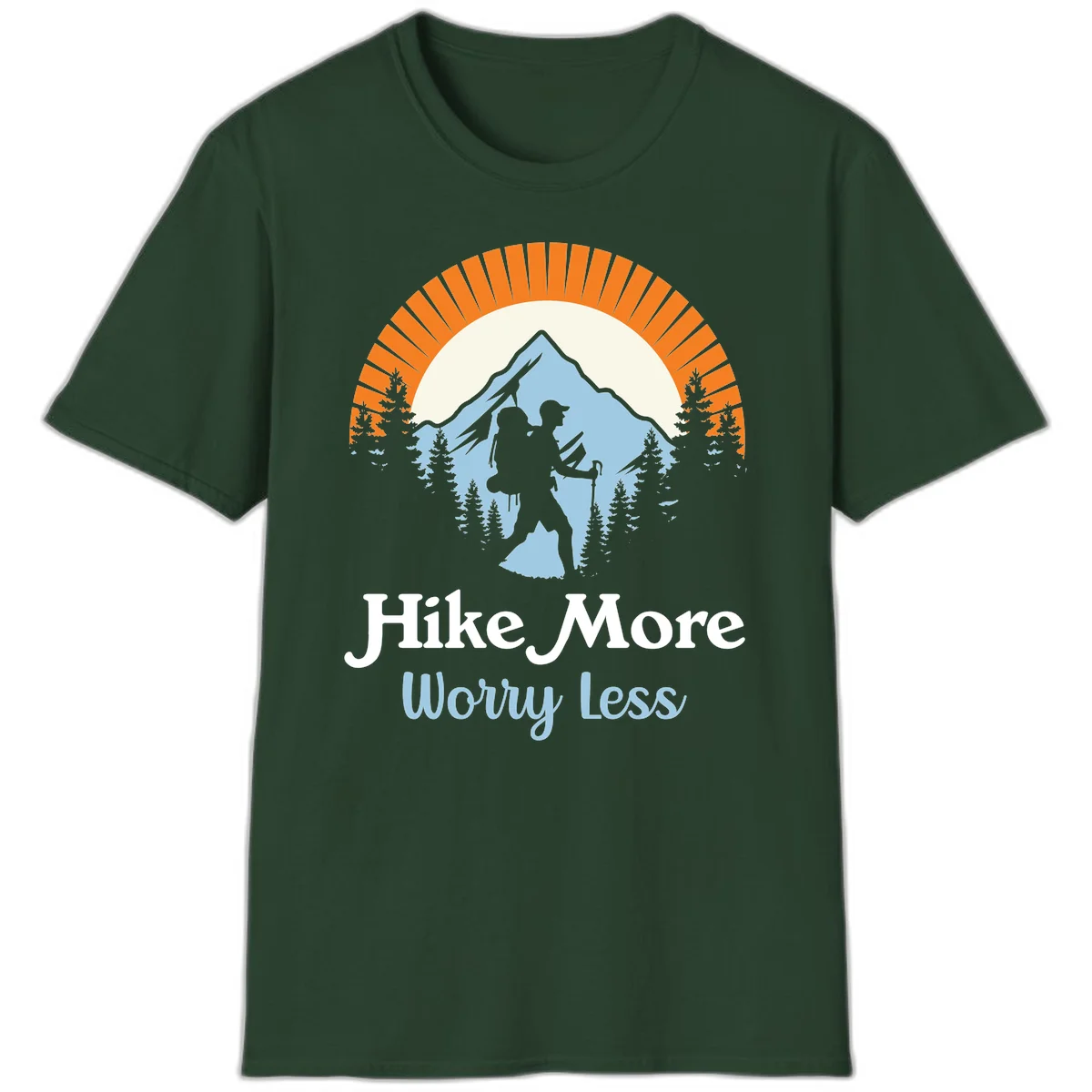 Hike more worry less badge design with silhouetted hiker, mountain peak, and evergreen forest in circular composition. in Forest Green