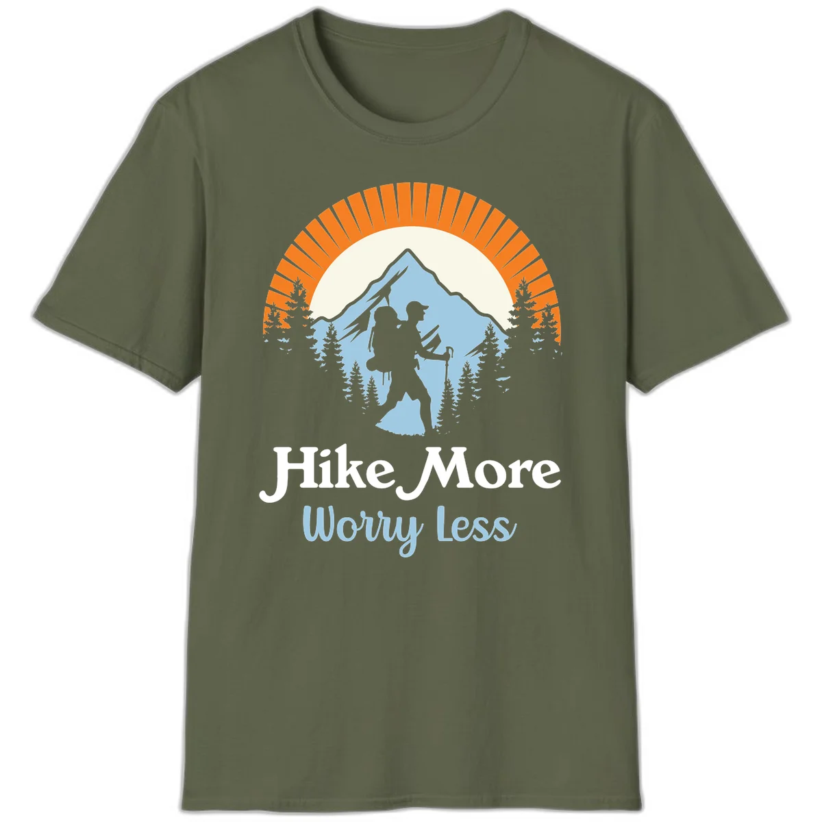 Hike more worry less badge design with silhouetted hiker, mountain peak, and evergreen forest in circular composition. in Military Green