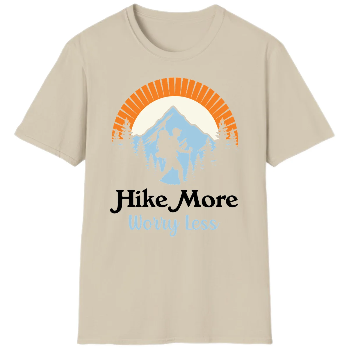 Hike more worry less badge design with silhouetted hiker, mountain peak, and evergreen forest in circular composition. in Sand